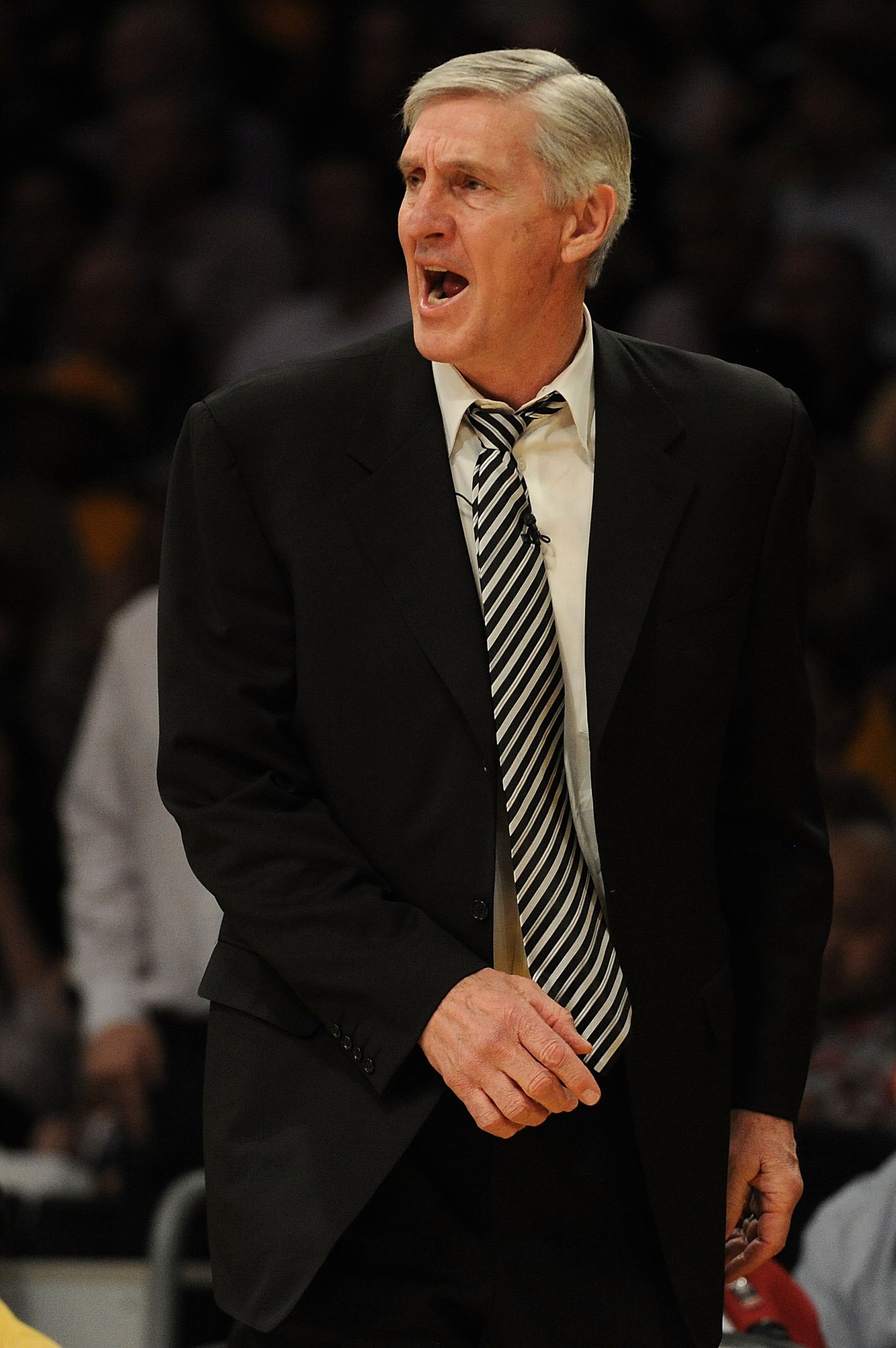 LOS ANGELES, CA - MAY 04:  Head coach Jerry Sloan of the Utah Jazz reacts in the second half while taking on the Los Angeles Lakers during Game Two of the Western Conference Semifinals of the 2010 NBA Playoffs at Staples Center on May 4, 2010 in Los Angel