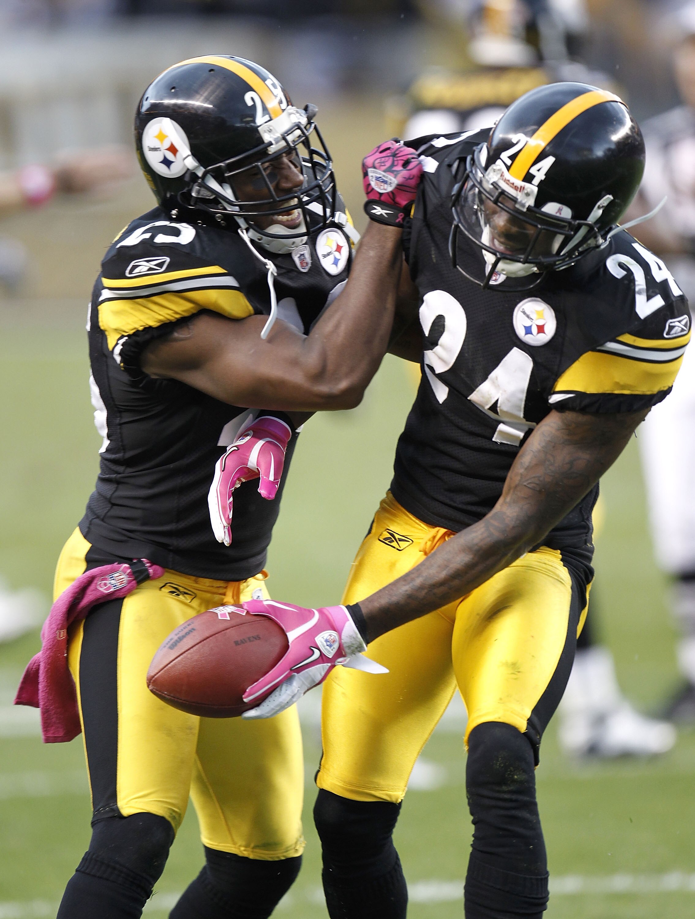 PITTSBURGH - OCTOBER 03: Ike Taylor #24 of the Pittsburgh Steelers celebrates a fourth quater interception with Ryan Clark while playing the Baltimore Ravens on October 3, 2010 at Heinz Field in Pittsburgh, Pennsylvania. Baltimore won the game 17-14.  (Ph