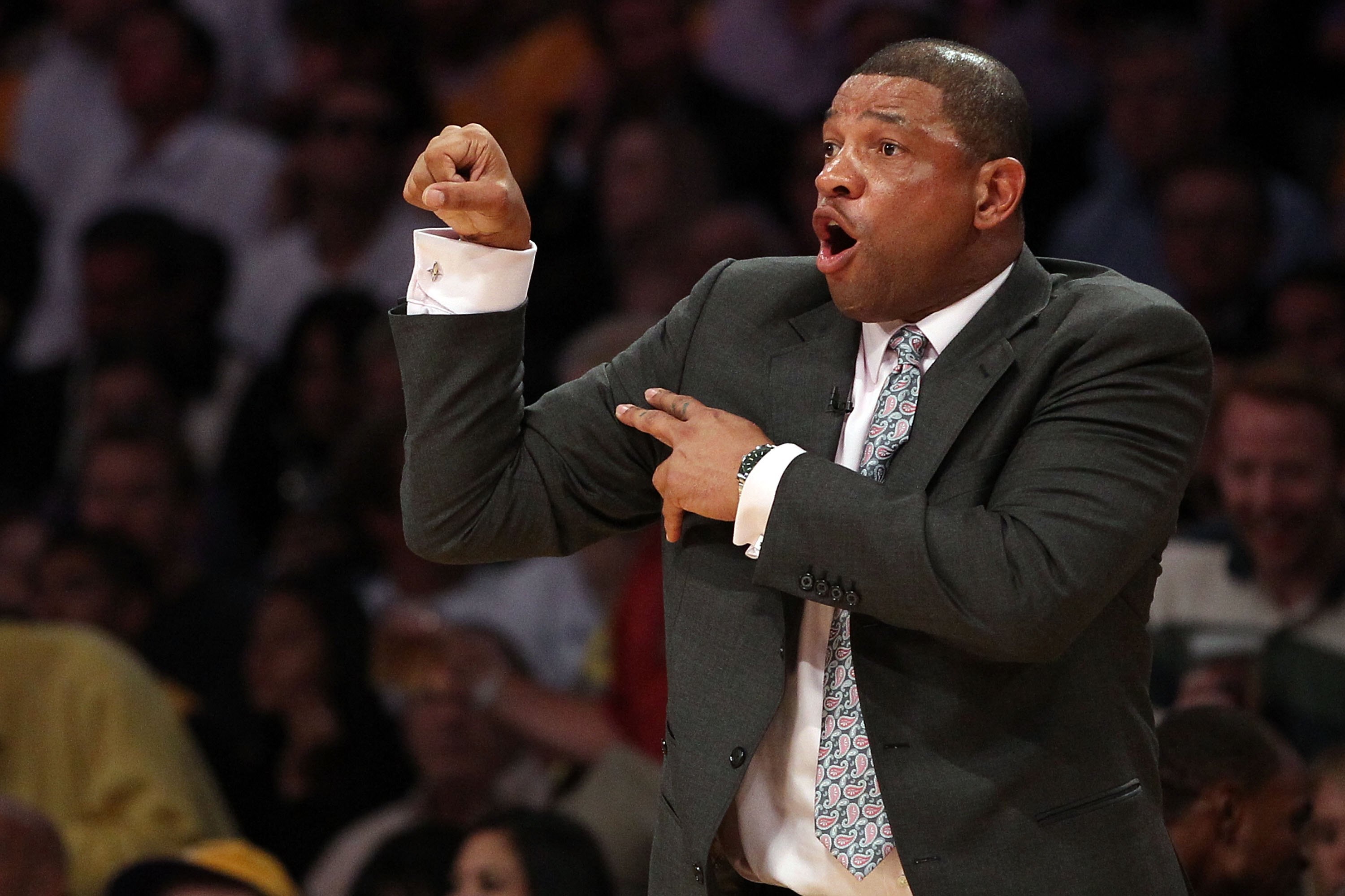 LOS ANGELES, CA - JUNE 17:  Head coach Doc Rivers of the Boston Celtics reacts while taking on the Los Angeles Lakers in Game Seven of the 2010 NBA Finals at Staples Center on June 17, 2010 in Los Angeles, California.  NOTE TO USER: User expressly acknowl
