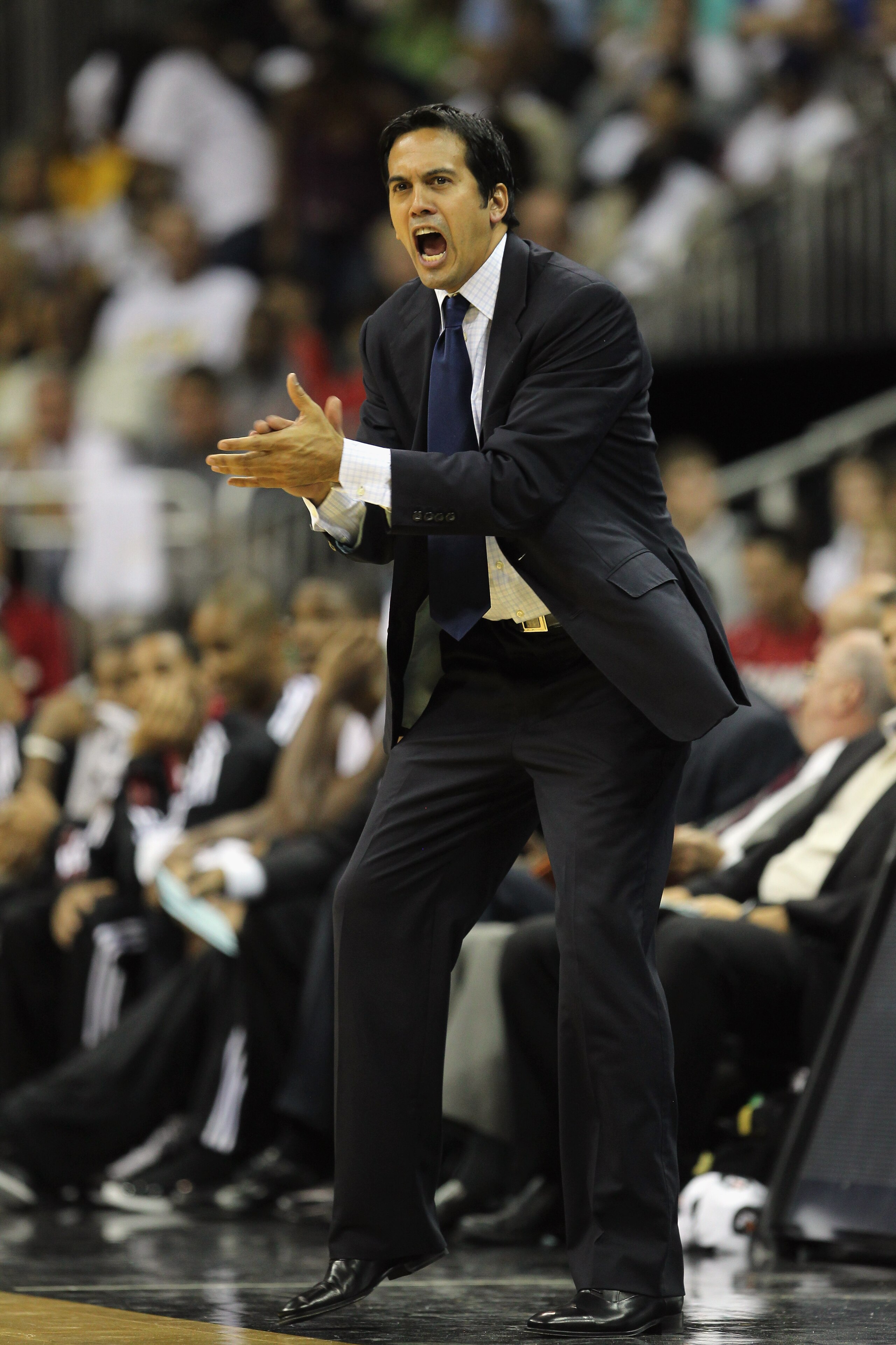 KANSAS CITY, MO - OCTOBER 08:  Head coach Erik Spoelstra of the Miami Heat in reacts during the game against the Oklahoma City Thunder on October 8, 2010 at the Sprint Center in Kansas City, Missouri.  (Photo by Jamie Squire/Getty Images)