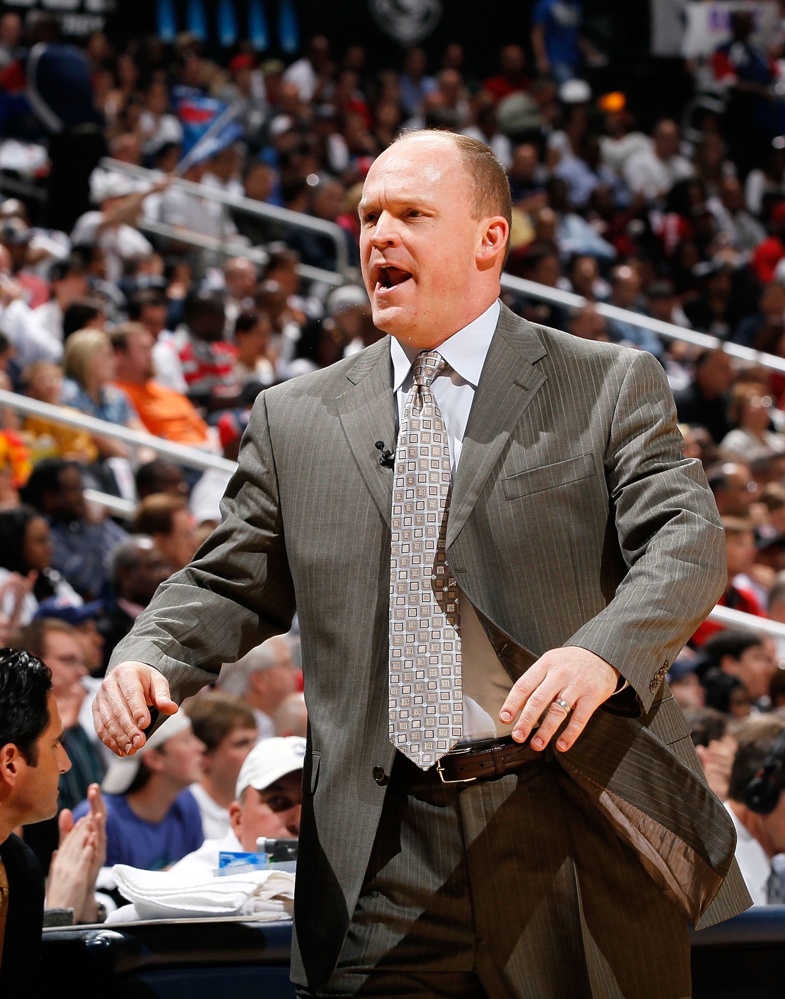 ATLANTA - APRIL 28:  Head coach Scott Skiles of the Milwaukee Bucks against the Atlanta Hawks during Game Five of the Eastern Conference Quarterfinals of the 2010 NBA Playoffs at Philips Arena on April 28, 2010 in Atlanta, Georgia.  NOTE TO USER: User exp