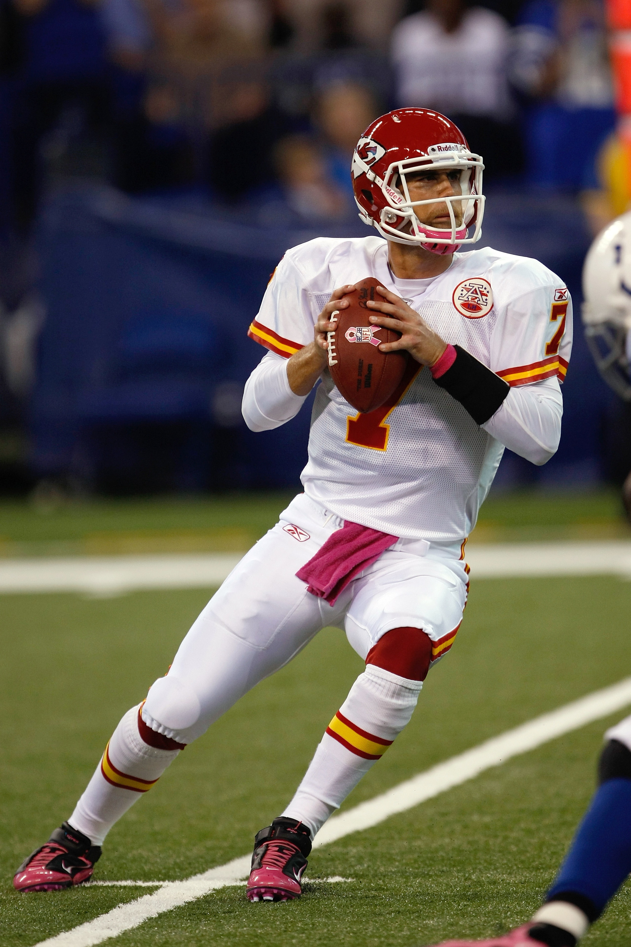 INDIANAPOLIS, IN - OCTOBER 10: Matt Cassel #7 of the Kansas City Chiefs drops back to pass against the Indianapolis Colts at Lucas Oil Stadium on October 10, 2010 in Indianapolis, Indiana.  (Photo by Scott Boehm/Getty Images)