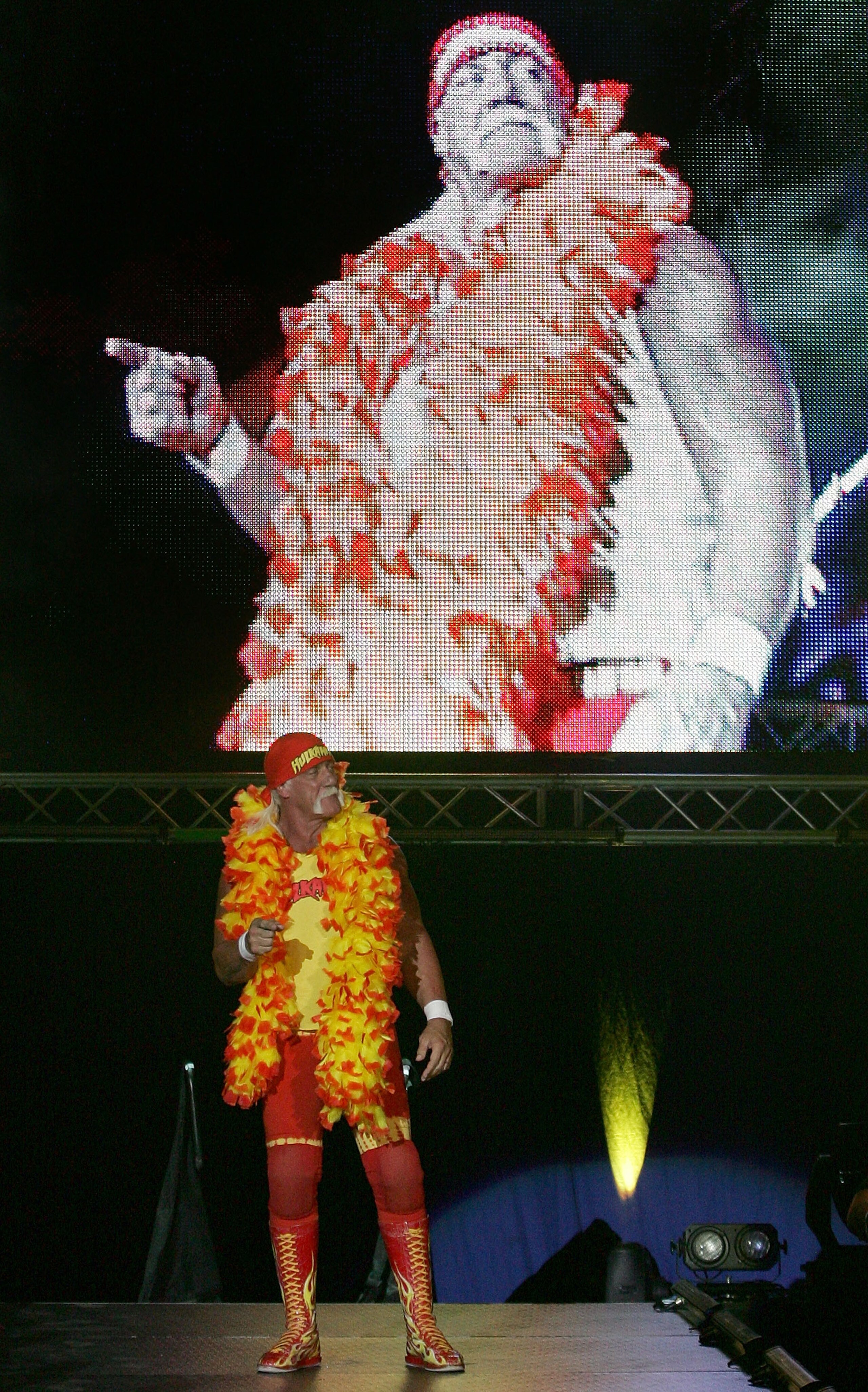 PERTH, AUSTRALIA - NOVEMBER 24:  Hulk Hogan enters the stage prior to his bout against Rick Flair during the Hulkamania Tour at the Burswood Dome on November 24, 2009 in Perth, Australia.  (Photo by Paul Kane/Getty Images)