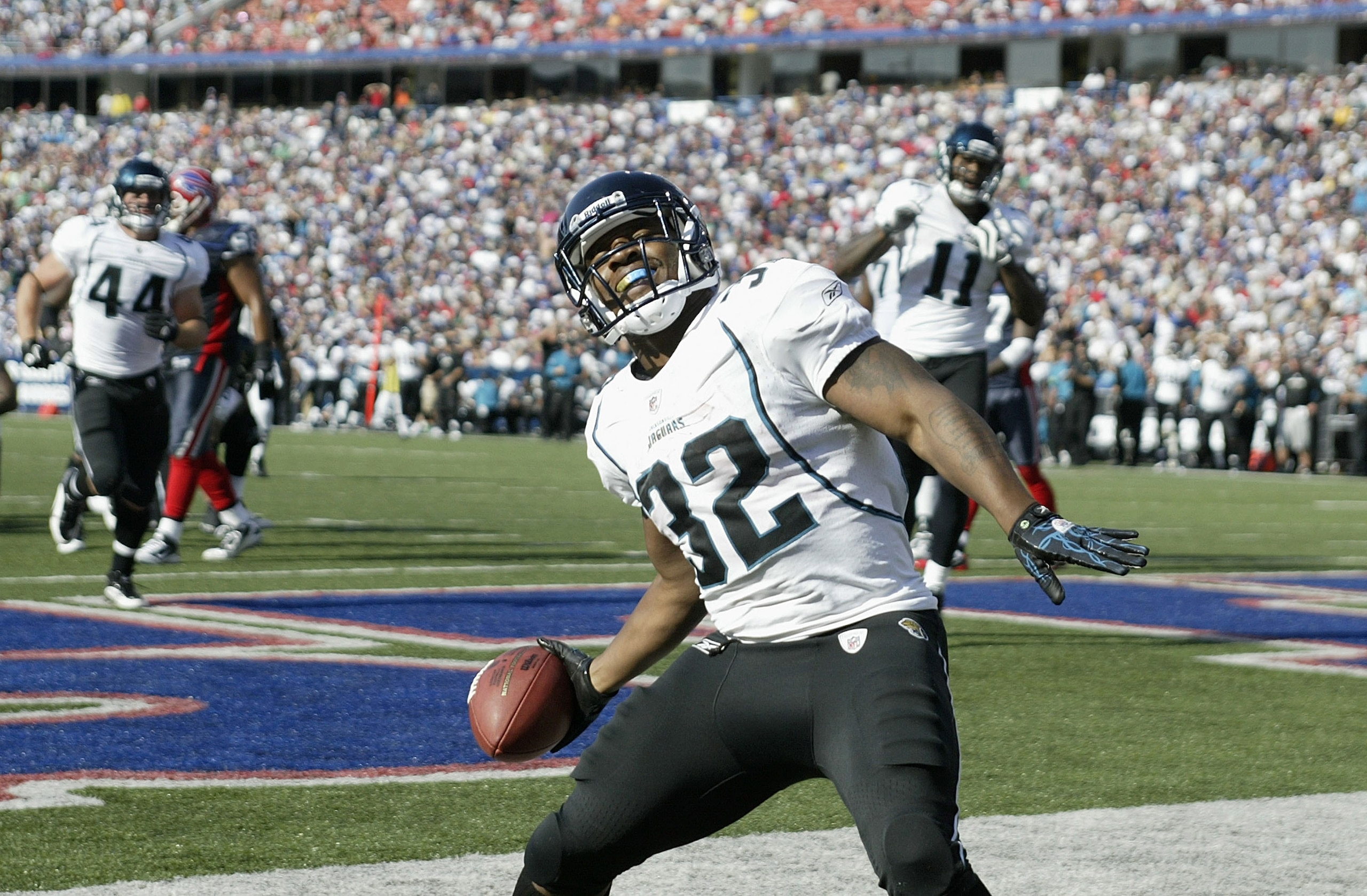 ORCHARD PARK, NY - OCTOBER 10: Maurice Jones-Drew #32  of the Jacksonville Jaguars celebrates what he thinks is a touchdown that was called back for a penalty in the third quarter against the Buffalo Bills   at Ralph Wilson Stadium on October 10, 2010 in