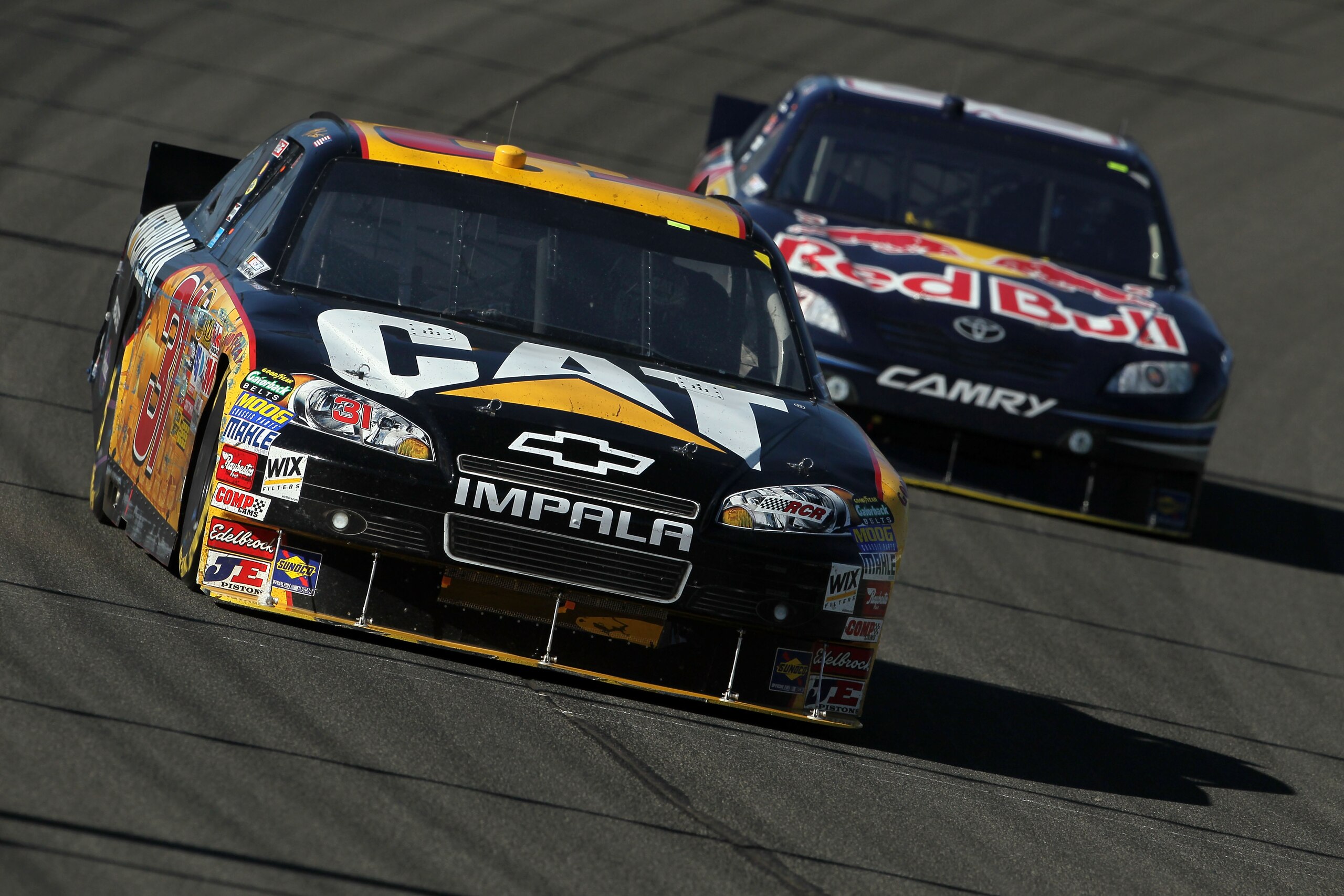FONTANA, CA - OCTOBER 10:  Jeff Burton, driver of the #31 Caterpilliar Chevrolet, leads Reed Sorenson, driver of the #83 Red Bull Toyota, during the NASCAR Sprint Cup Series Pepsi Max 400 on October 10, 2010 in Fontana, California.  (Photo by Jeff Gross/G