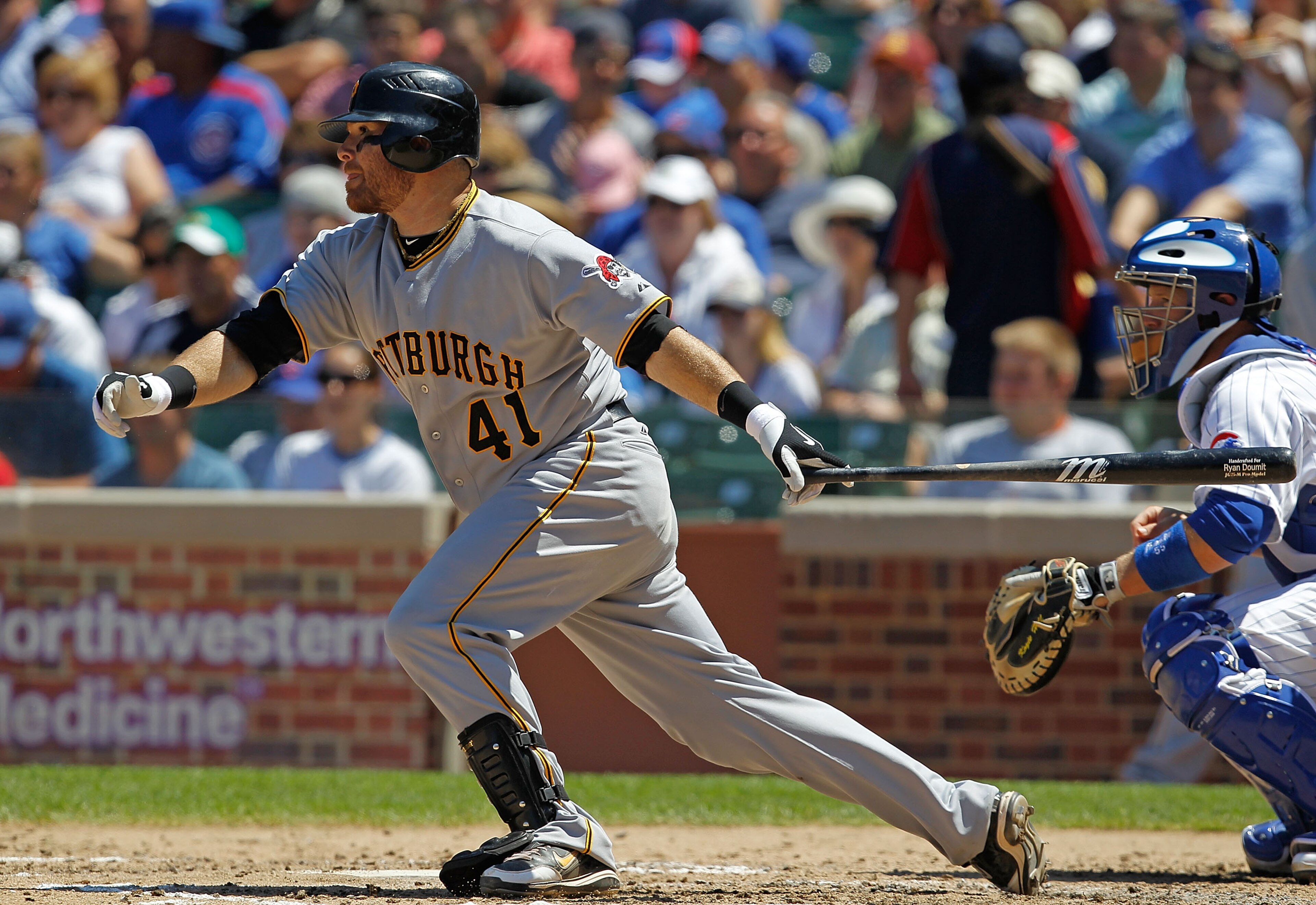 CHICAGO - JUNE 30: Ryan Doumit #41 of the Pittsburgh Pirates hits the ball against the Chicago Cubs at Wrigley Field on June 30, 2010 in Chicago, Illinois. The Pirates defeated the Cubs 2-0. (Photo by Jonathan Daniel/Getty Images)