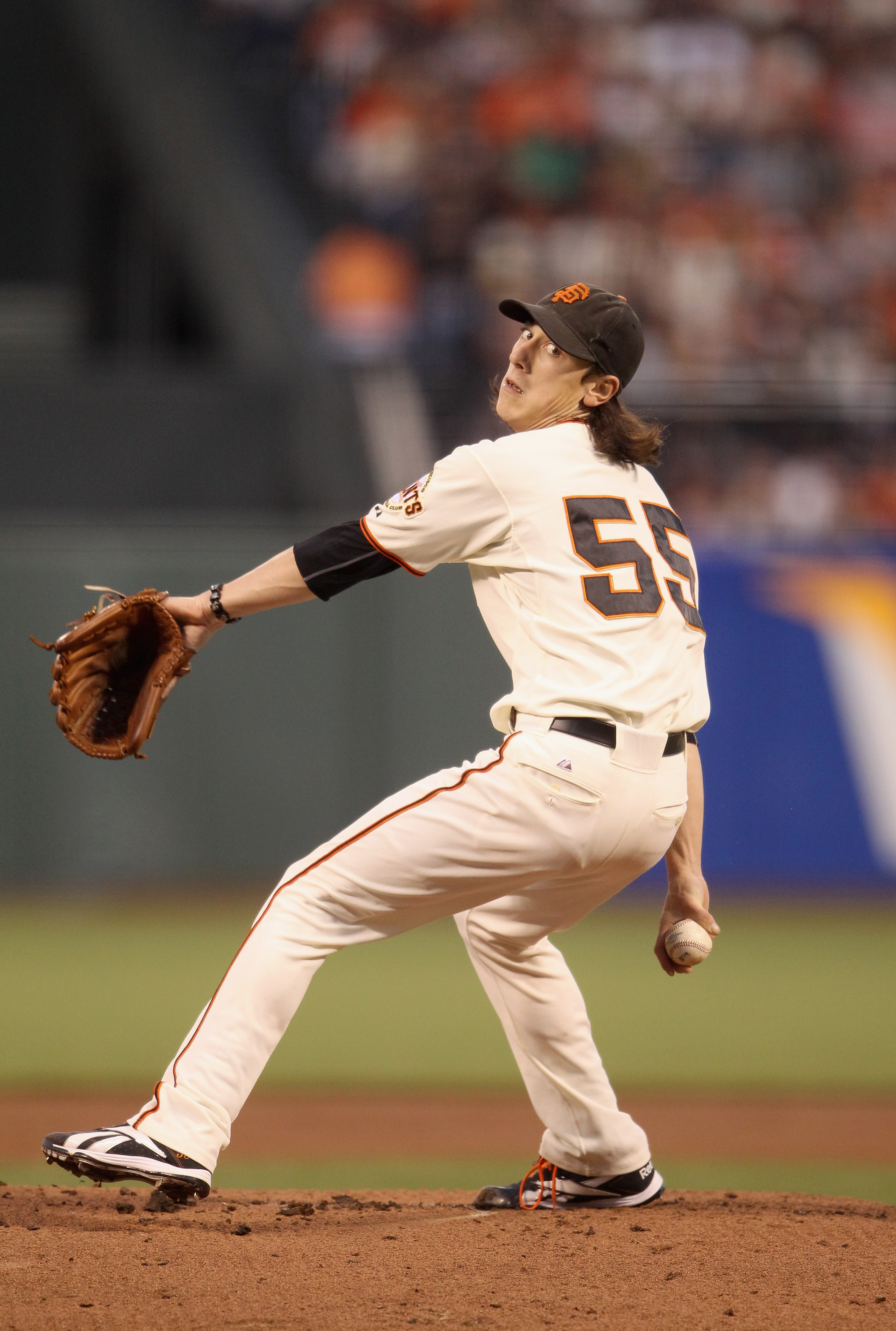 SAN FRANCISCO - OCTOBER 07:  Tim Lincecum #55 of the San Francisco Giants pitches against the Atlanta Braves in game 1 of the NLDS at AT&T Park on October 7, 2010 in San Francisco, California.  (Photo by Ezra Shaw/Getty Images)