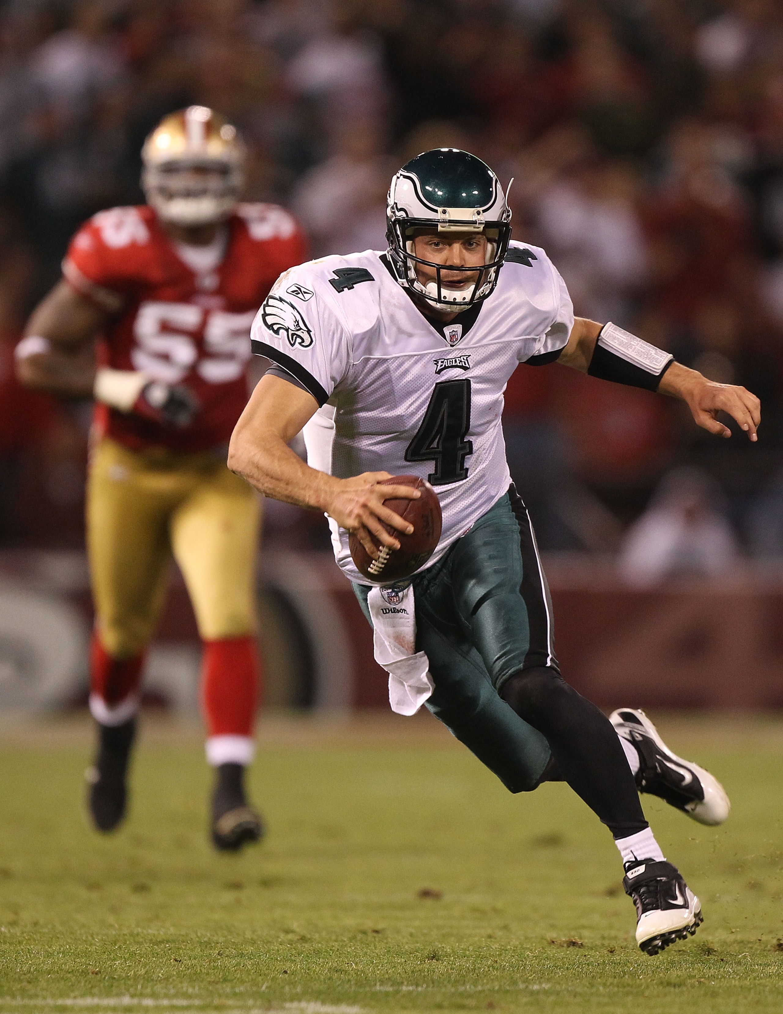 SAN FRANCISCO - OCTOBER 10:  Kevin Kolb #4 of the Philadelphia Eagles runs against the San Francisco 49ers during an NFL game at Candlestick Park on October 10, 2010 in San Francisco, California.  (Photo by Jed Jacobsohn/Getty Images)