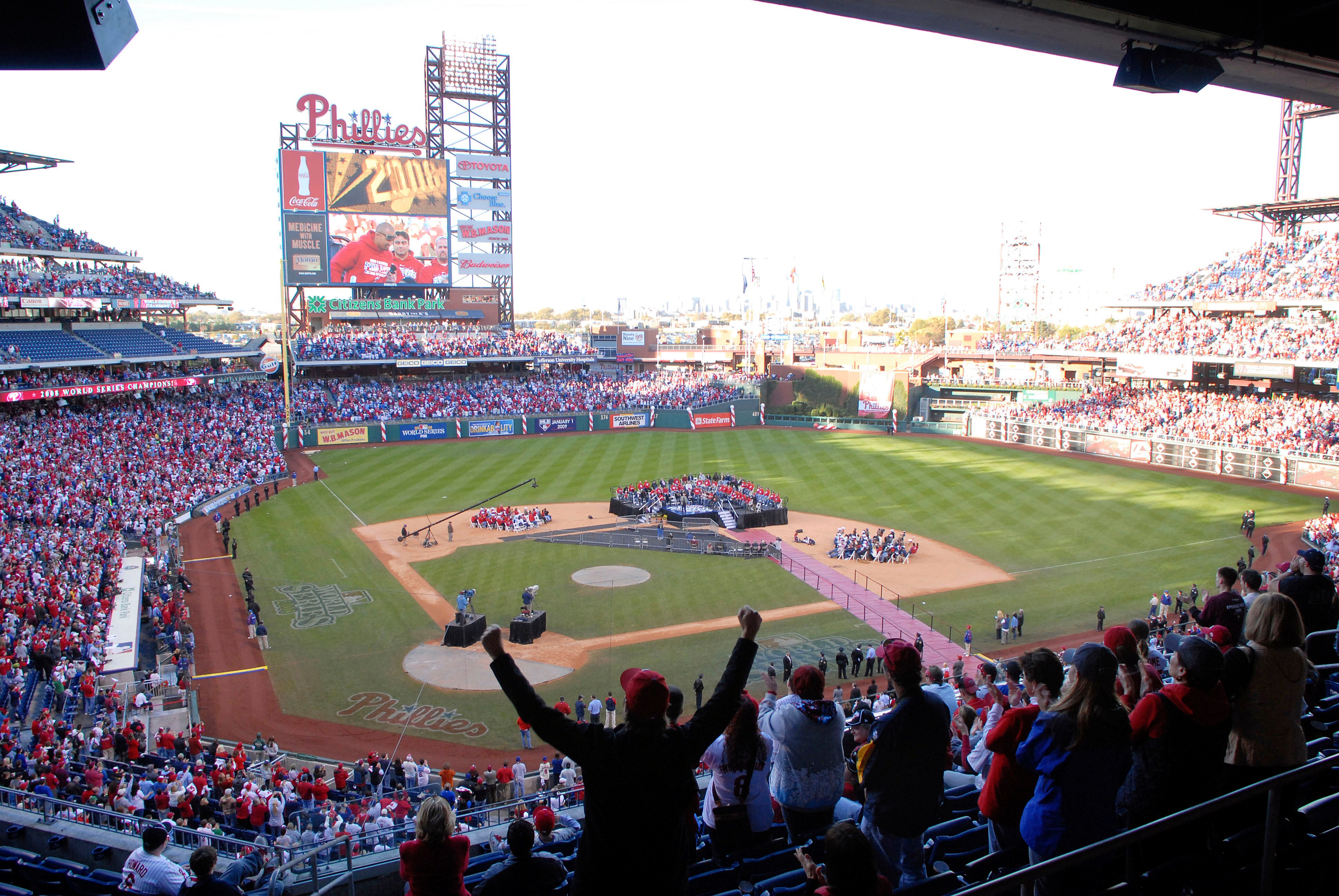PHILADELPHIA, PA - OCTOBER 31: Fans of the Philadelphia Phillies celebrate during the World Championship Rally at Citizen's Bank Park October 31, 2008 in Philadelphia, Pennsylvania. The Phillies defeated the Tampa Bay Rays to win their first World Series