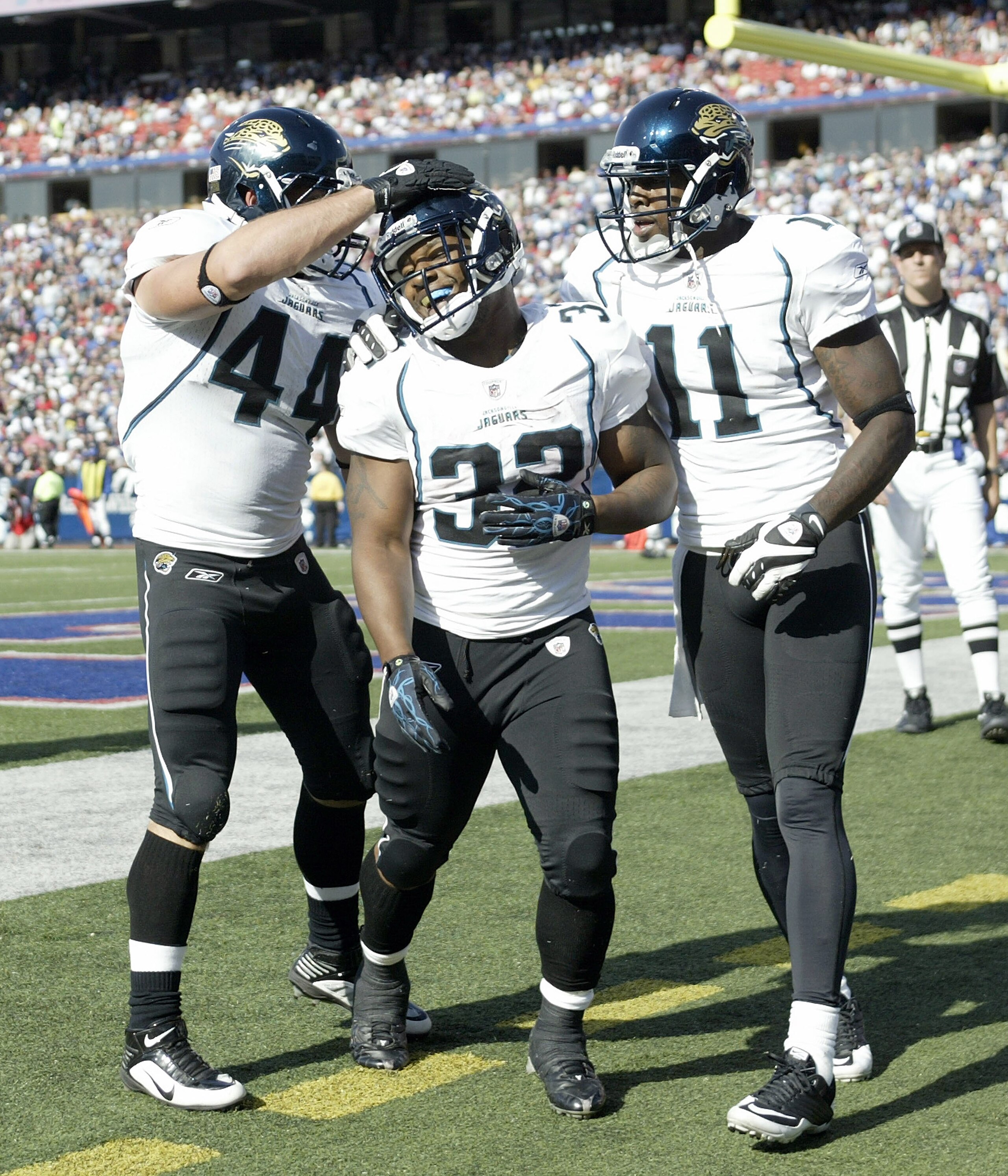 ORCHARD PARK, NY - OCTOBER 10: Brock Bolen #44, Maurice Jones-Drew #32 and Mike Sims-Walker #11  of the Jacksonville Jaguars celebrate Jones-Drew run for a touchdown that was called back for a penalty against the Buffalo Bills   at Ralph Wilson Stadium on