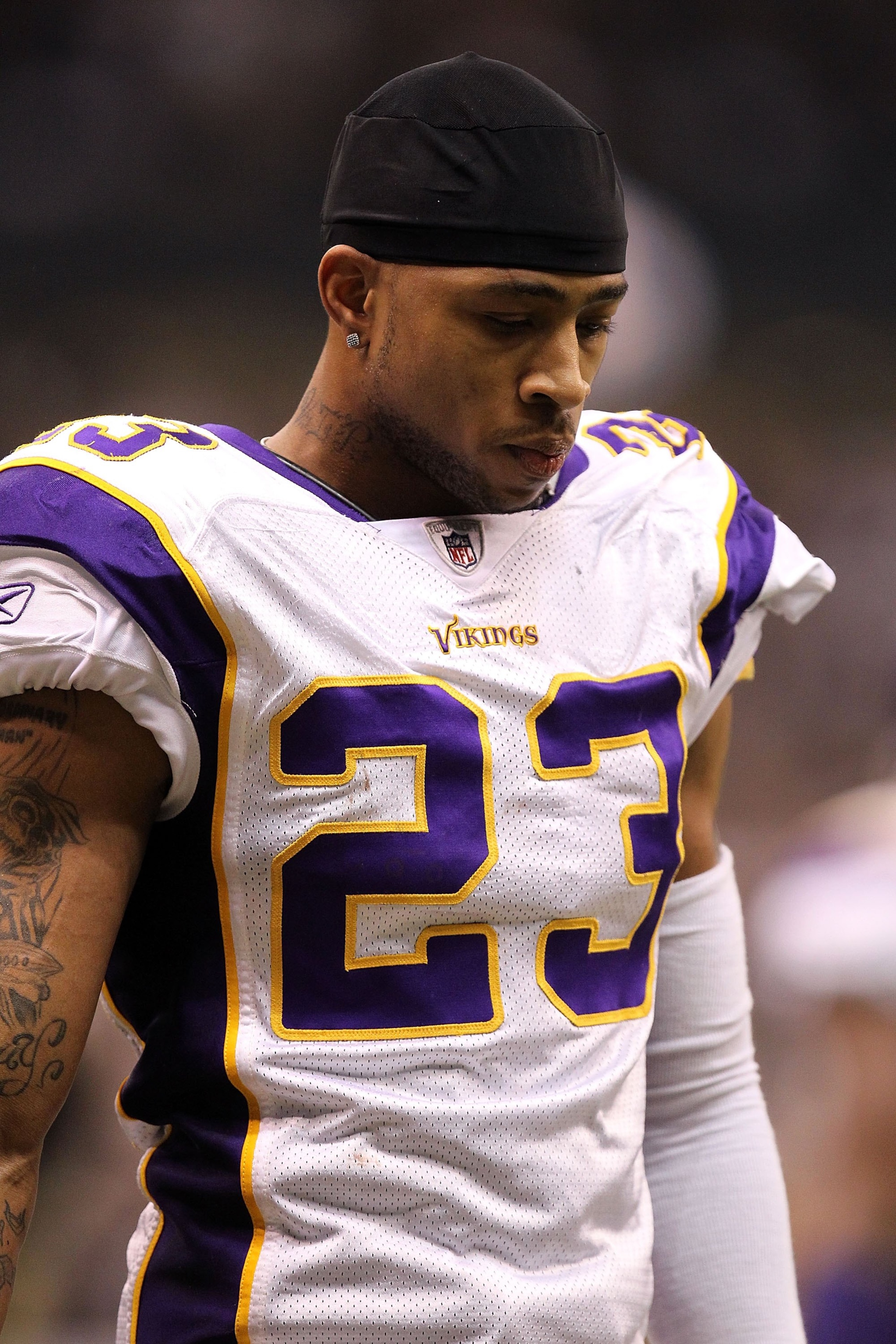 NEW ORLEANS - JANUARY 24:  Cedric Griffin #23 of the Minnesota Vikings stands on the field with his head down against the New Orleans Saints during the NFC Championship Game at the Louisiana Superdome on January 24, 2010 in New Orleans, Louisiana. The Sai