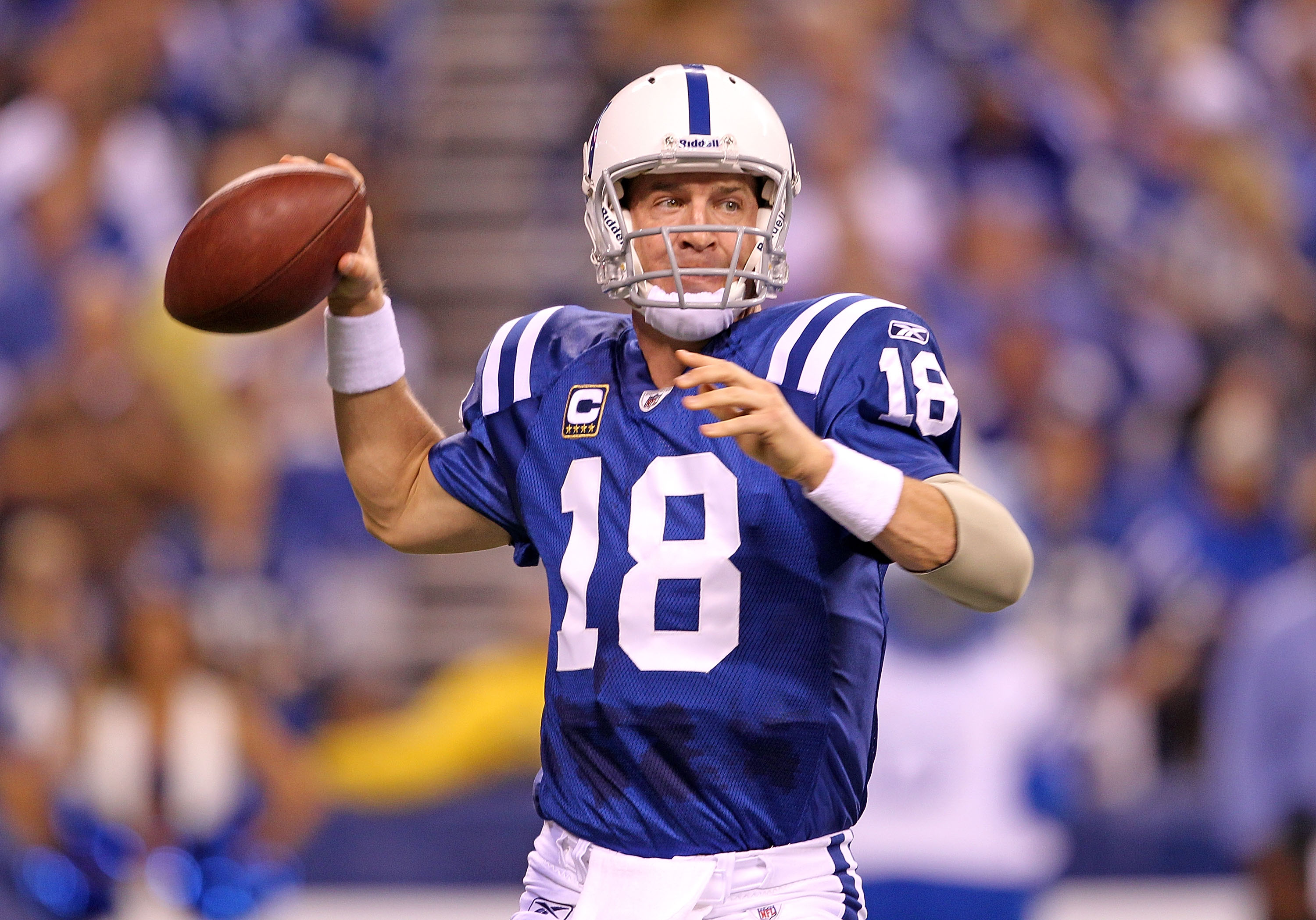 INDIANAPOLIS - SEPTEMBER 19:  Peyton Manning #18 of the Indianapolis Colts throws a pass during  the NFL game against the New York Giants  at Lucas Oil Stadium on September 19, 2010 in Indianapolis, Indiana.  (Photo by Andy Lyons/Getty Images)