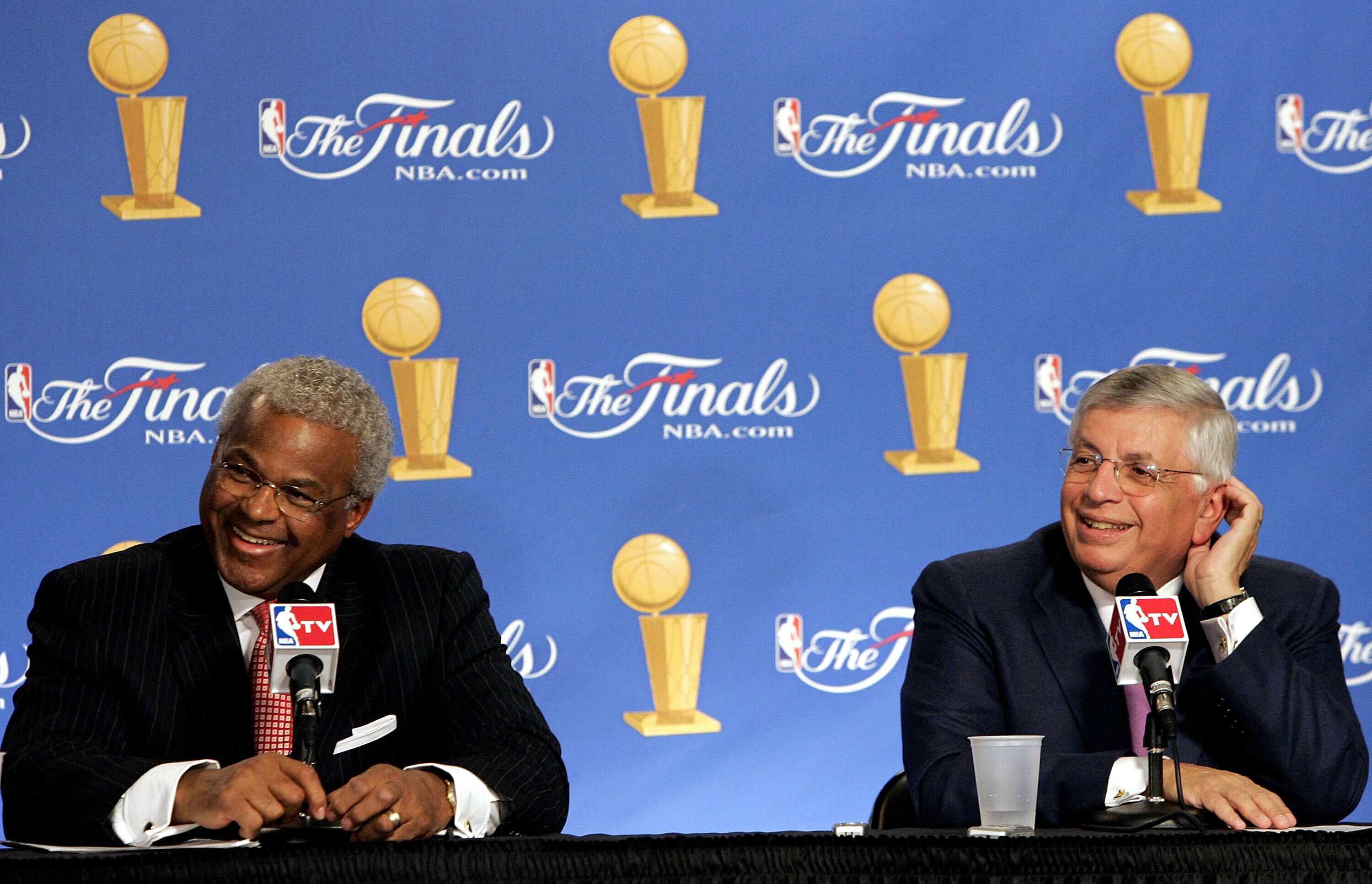 SAN ANTONIO - JUNE 21:  (L-R) Billy Hunter, President of the NBA Players Association and NBA commissioner David Stern smile at a press conference announcing that the NBA and the NBA Players Association have agreed in principal on a new 6-year Collective B