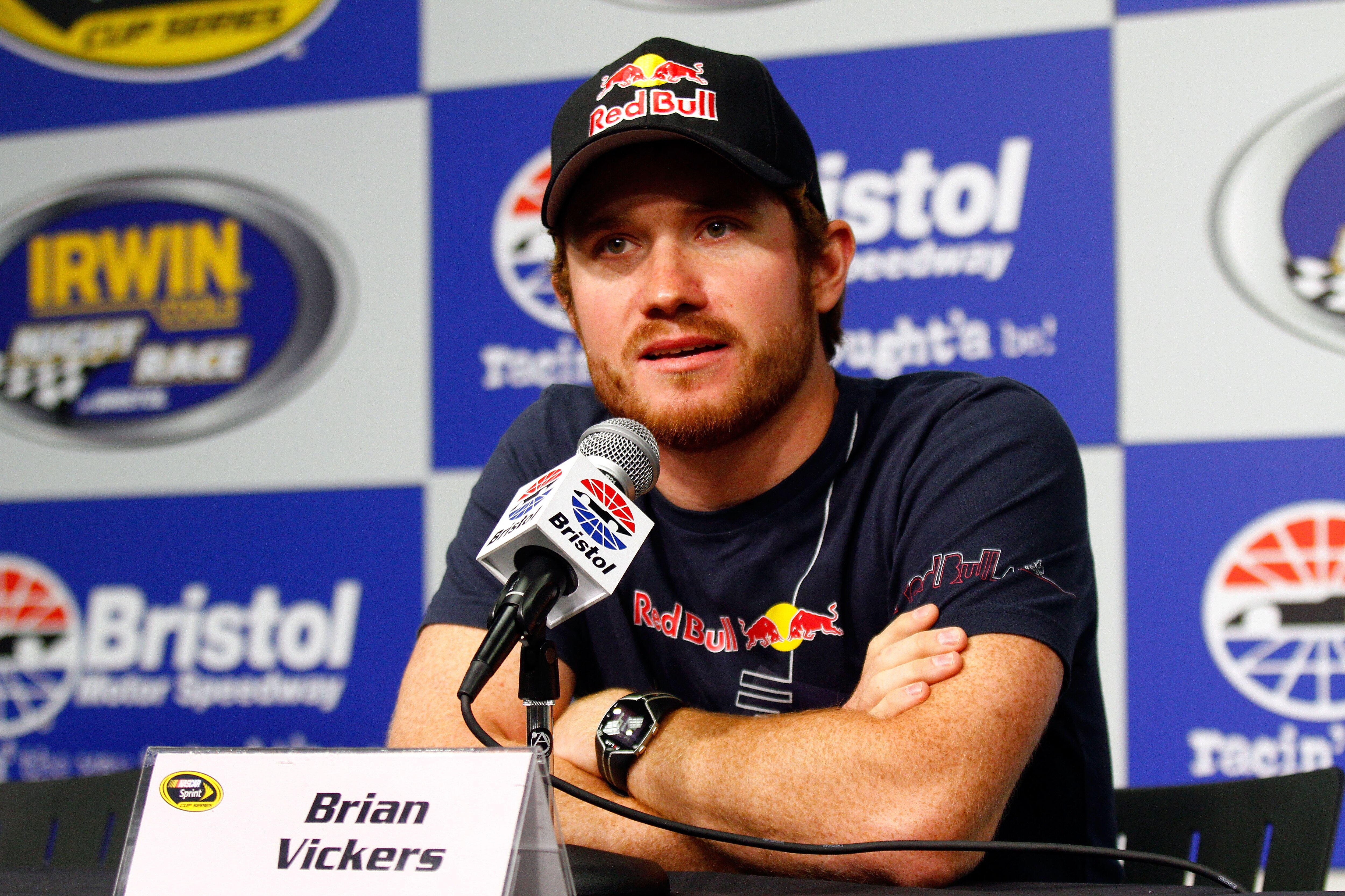 BRISTOL, TN - AUGUST 21:  NASCAR driver Brian Vickers speaks to the media prior to the NASCAR Sprint Cup Series IRWIN Tools Night Race at Bristol Motor Speedway on August 21, 2010 in Bristol, Tennessee.  (Photo by Jason Smith/Getty Images)
