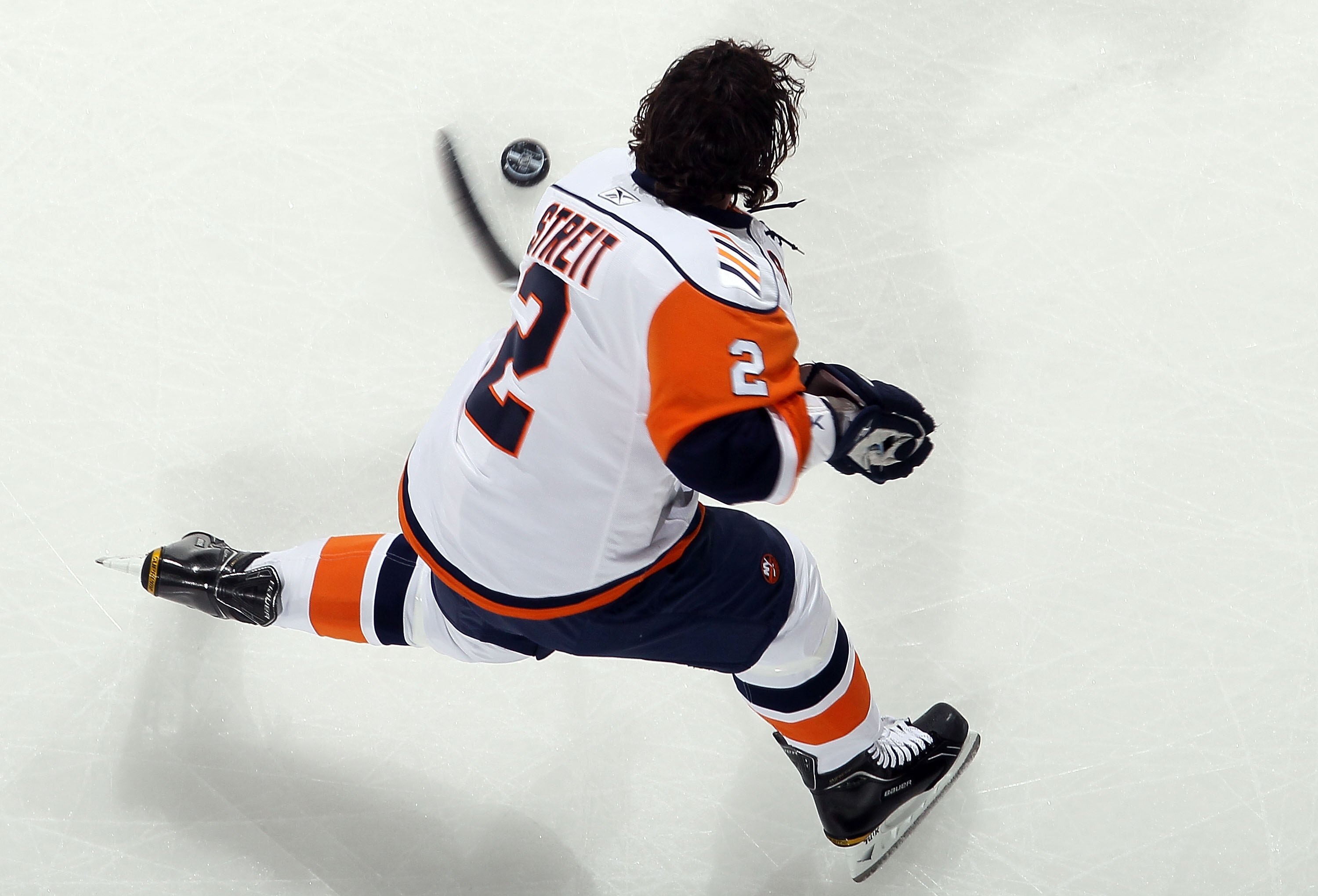 NEWARK, NJ - APRIL 10:  Mark Streit #2 of the New York Islanders warms up before playing against the New Jersey Devils at the Prudential Center on April 10, 2010 in Newark, New Jersey.  (Photo by Jim McIsaac/Getty Images)