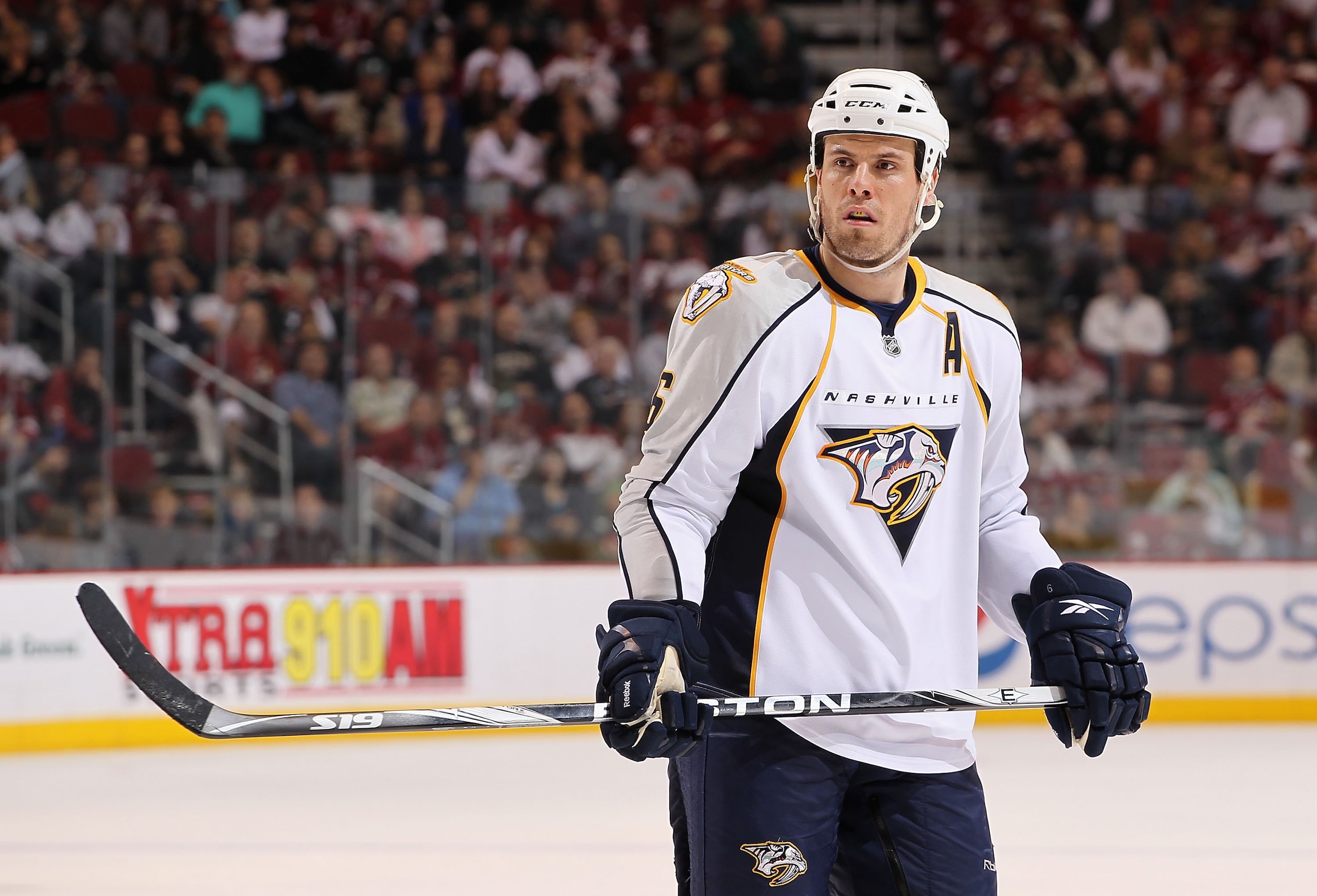 GLENDALE, AZ - APRIL 07:  Shea Weber #6 of the Nashville Predators in action during the NHL game against the Phoenix Coyotes at Jobing.com Arena on April 7, 2010 in Glendale, Arizona. The Coyotes defeated the Predators 5-2.  (Photo by Christian Petersen/G