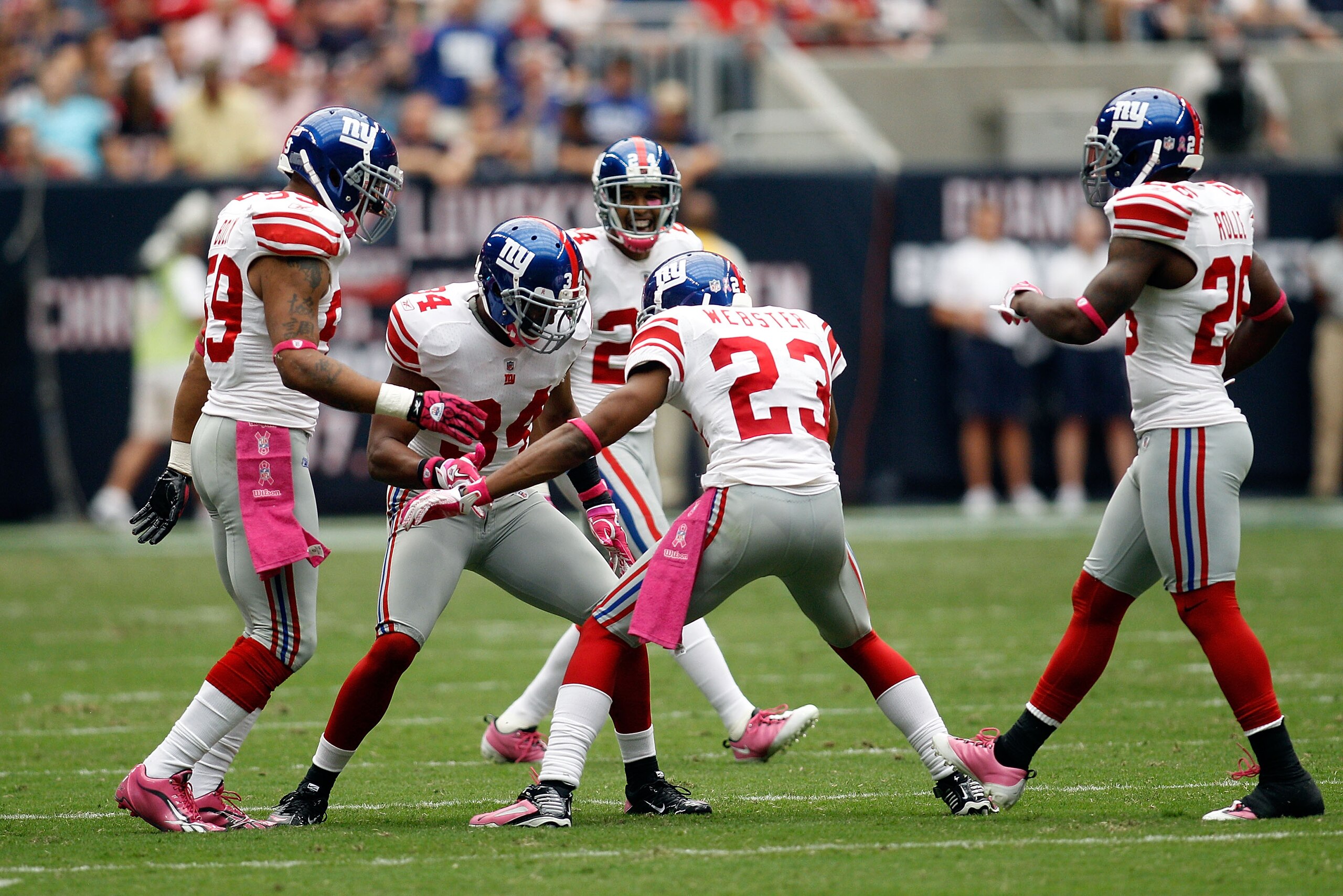 HOUSTON - OCTOBER 10:  Corey Webster #23 of the New York Giants celebrates after making an interception against Houston Texans at Reliant Stadium on October 10, 2010 in Houston, Texas.  (Photo by Chris Graythen/Getty Images)