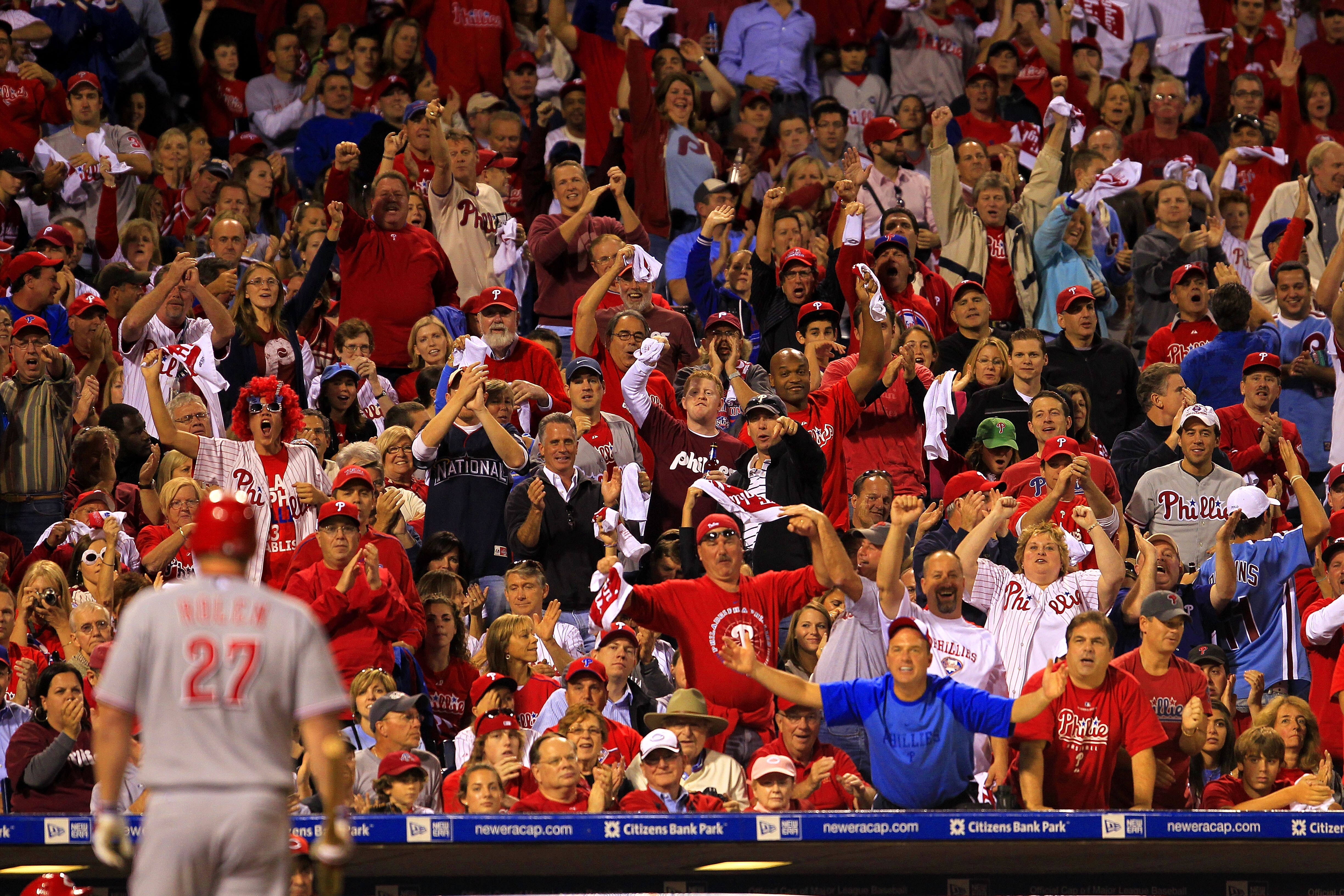 PHILADELPHIA - OCTOBER 08:  Philadelphia Phillies fans react to Scott Rolen #27 of the Cincinnati Reds after he strikes out in game 2 of NLDS at Citizens Bank Park on October 8, 2010 in Philadelphia, Pennsylvania. The Phillies defeated the Reds 7-4.  (Pho