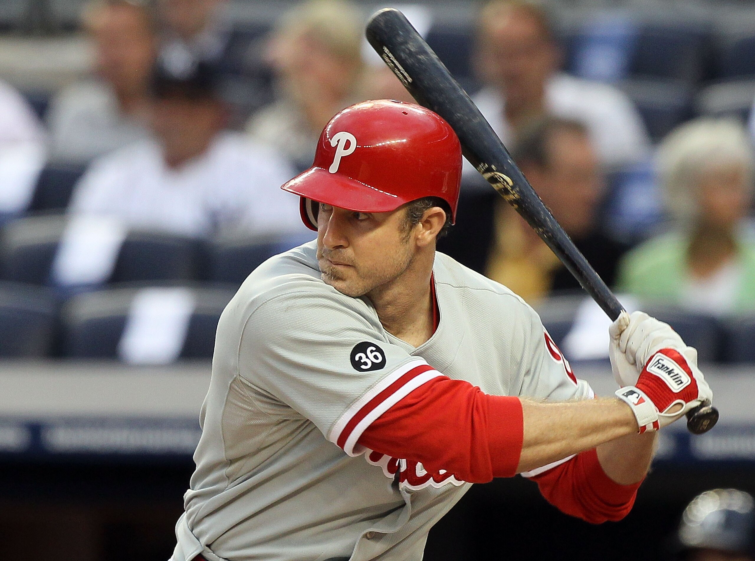 NEW YORK - JUNE 17:  Chase Utley #26 of the Philadelphia Phillies bats against the New York Yankees on June 17, 2010 at Yankee Stadium in the Bronx borough of New York City. The Phillies defeated the Yankees 7-1.  (Photo by Jim McIsaac/Getty Images)
