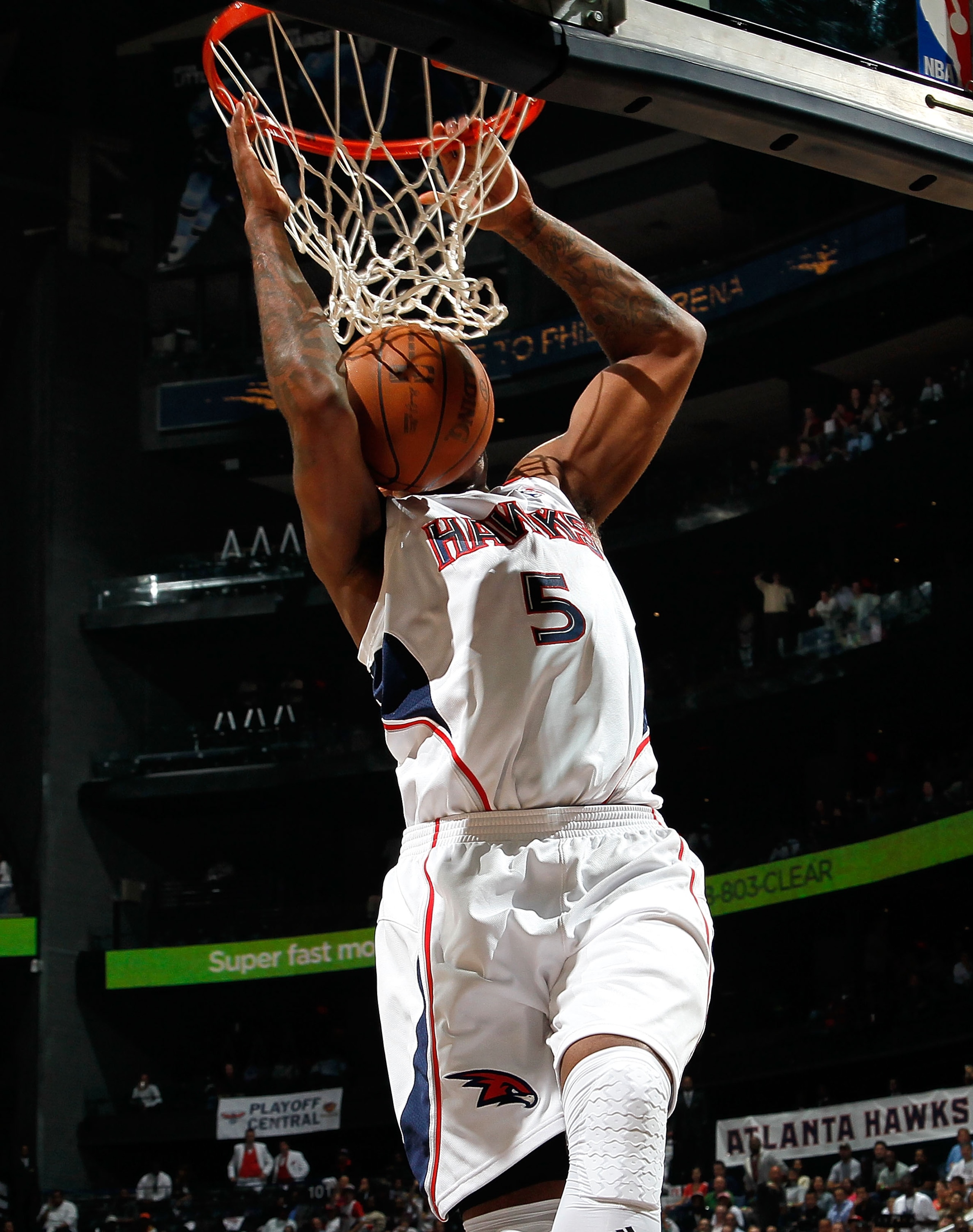 ATLANTA - MAY 10:  Josh Smith #5 of the Atlanta Hawks dunks against the Orlando Magic during Game Four of the Eastern Conference Semifinals of the 2010 NBA Playoffs at Philips Arena on May 10, 2010 in Atlanta, Georgia.  NOTE TO USER: User expressly acknow