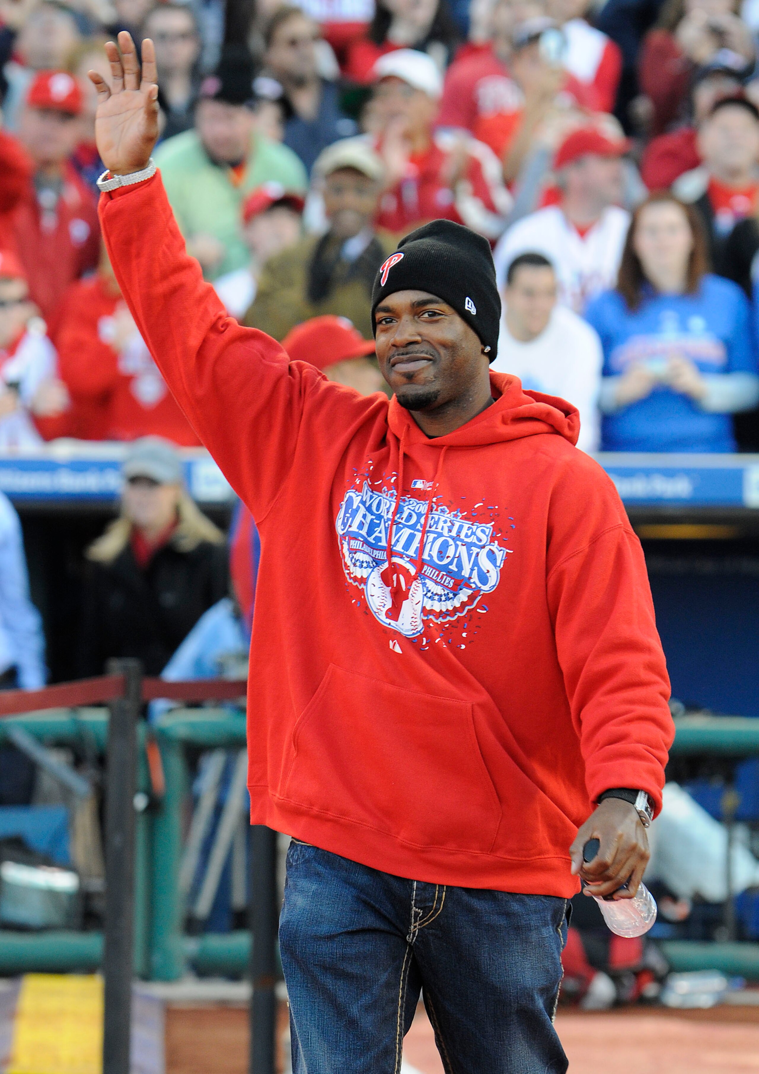 PHILADELPHIA, PA - OCTOBER 31:  Philadelphia Phillies shortstop Jimmy Rollins acknowledges the crowd at a victory rally at Citizens Bank Park October 31, 2008 in Philadelphia, Pennsylvania. The Phillies defeated the Tampa Bay  Rays to win their first Worl