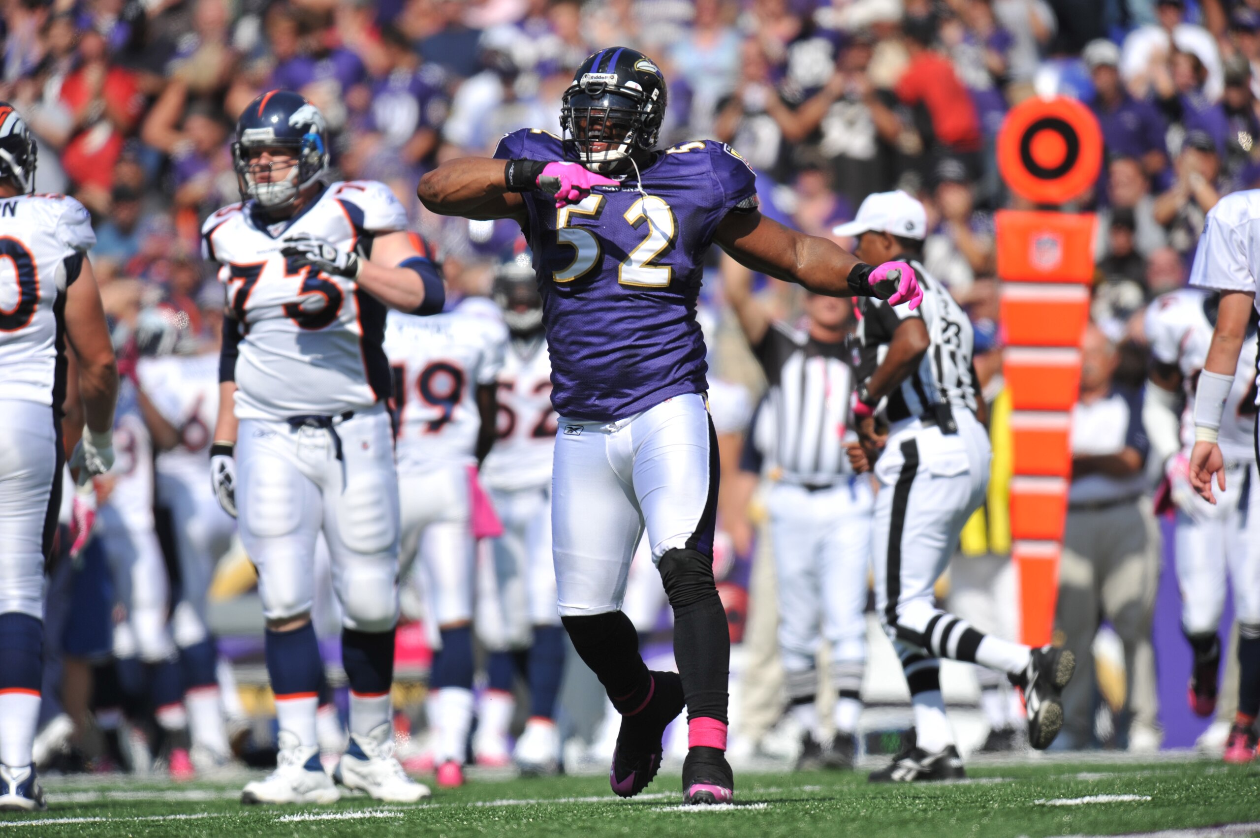 BALTIMORE, MD - OCTOBER 10:  Ray Lewis #52 of the Baltimore Ravens celebrates a play against the Denver Broncos at M&T Bank Stadium on October 10, 2010 in Baltimore, Maryland. Players wore pink in recognition of Breast Cancer Awareness Month. The Ravens l
