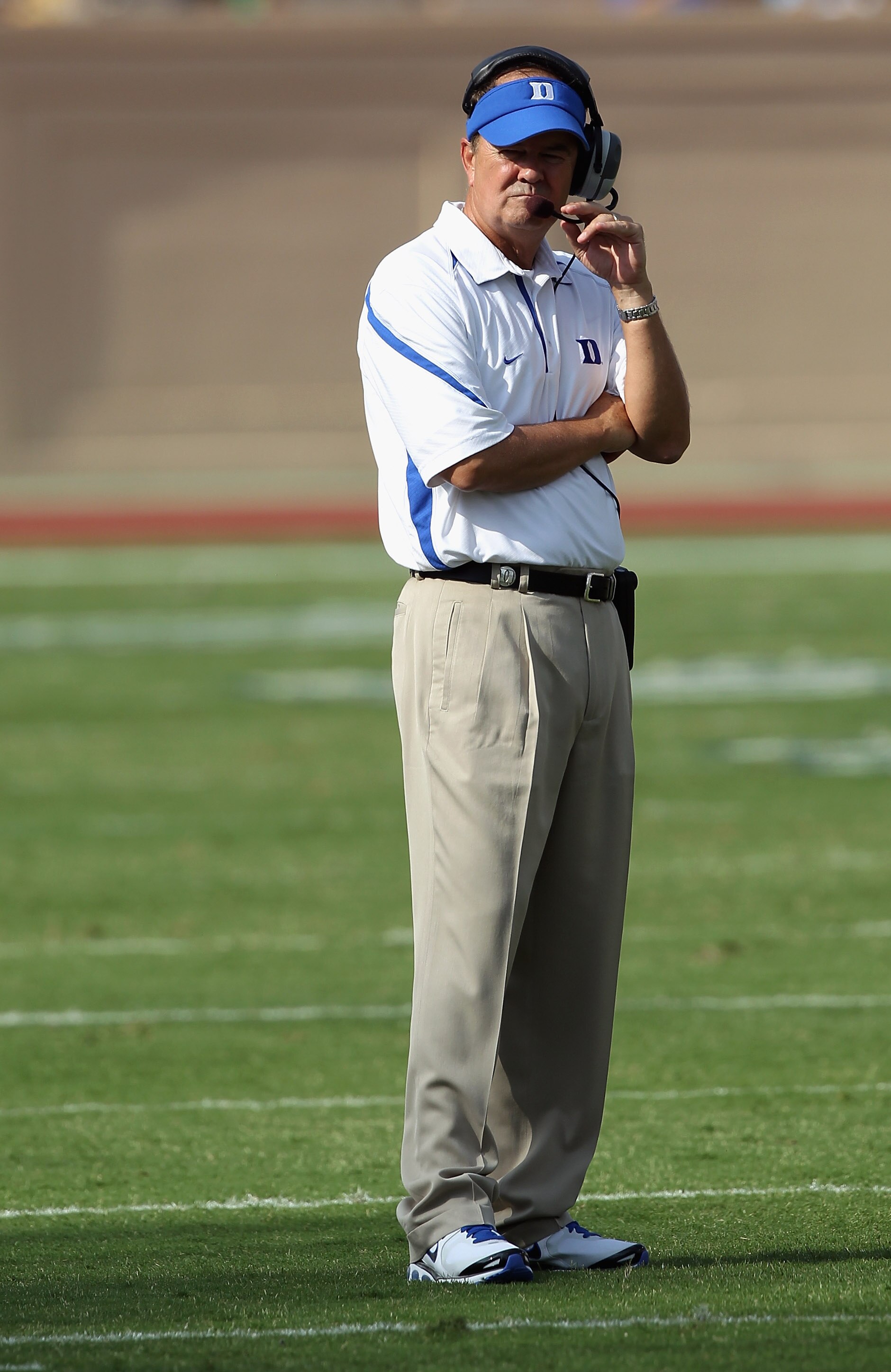 DURHAM, NC - SEPTEMBER 25:  Head coach David Cutcliffe of the Duke Blue Devils watches on against the Army Black Knights at Wallace Wade Stadium on September 25, 2010 in Durham, North Carolina.  (Photo by Streeter Lecka/Getty Images)