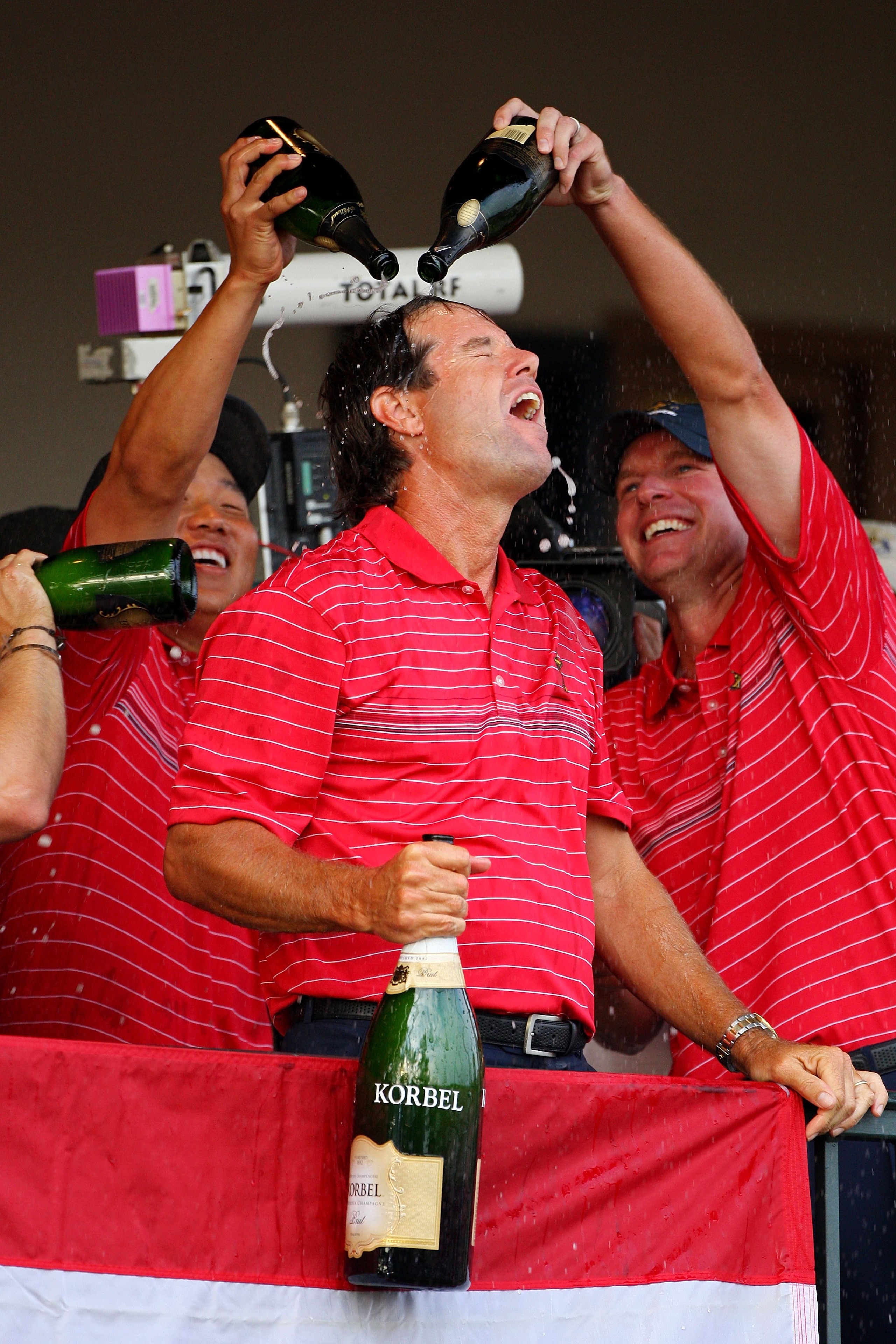 LOUISVILLE, KY - SEPTEMBER 21:  Captain Paul Azinger celebrates with teammates in honor of the USA 16 1/2 - 11 1/2 victory on the final day of the 2008 Ryder Cup at Valhalla Golf Club on September 21, 2008 in Louisville, Kentucky.  (Photo by Andrew Reding
