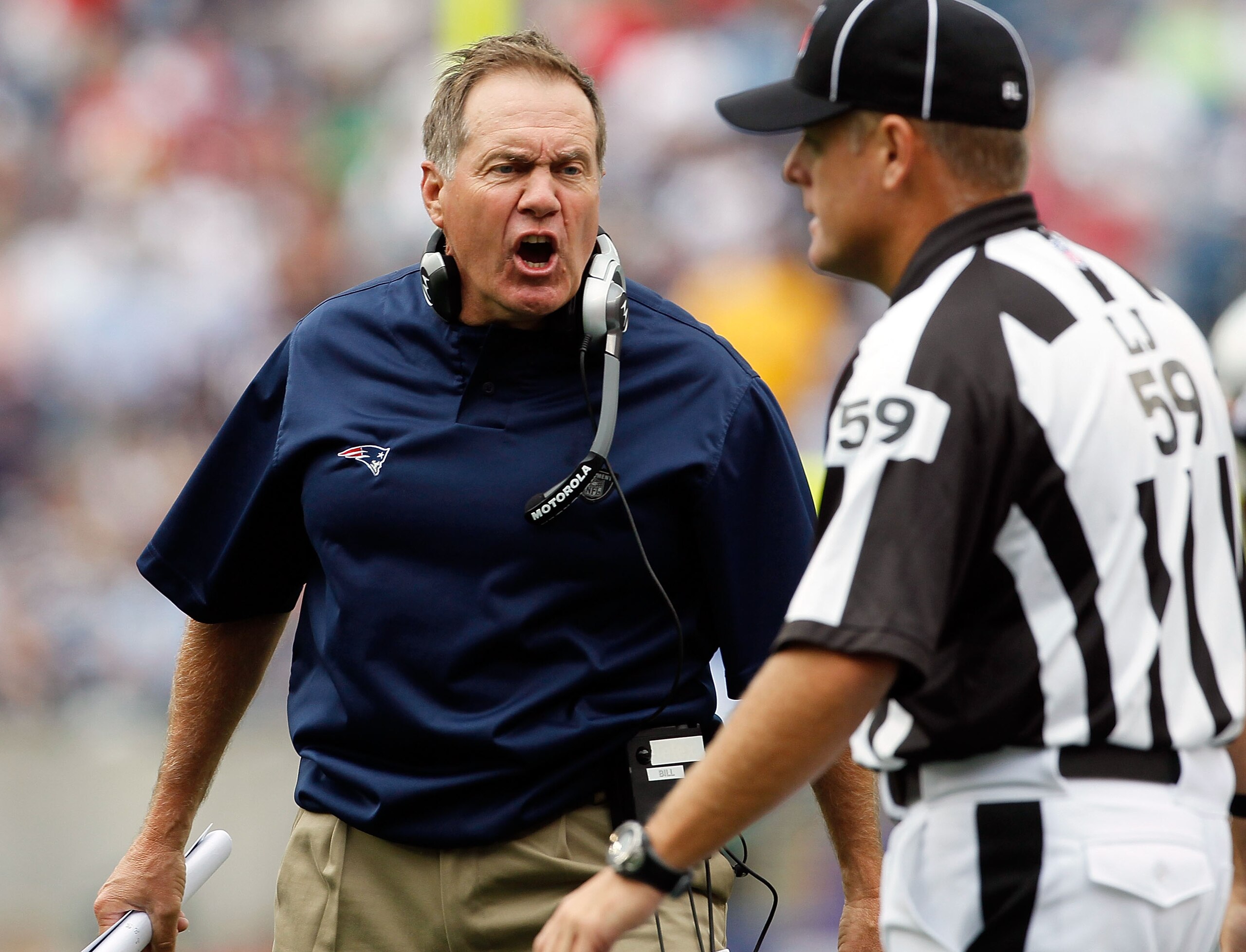 FOXBORO, MA - SEPTEMBER 26:  Coach Bill Belichick of the New England Patriots reacts to an official's call in the first half against the Buffalo Bills at Gillette Stadium on September 26, 2010 in Foxboro, Massachusetts. (Photo by Jim Rogash/Getty Images)