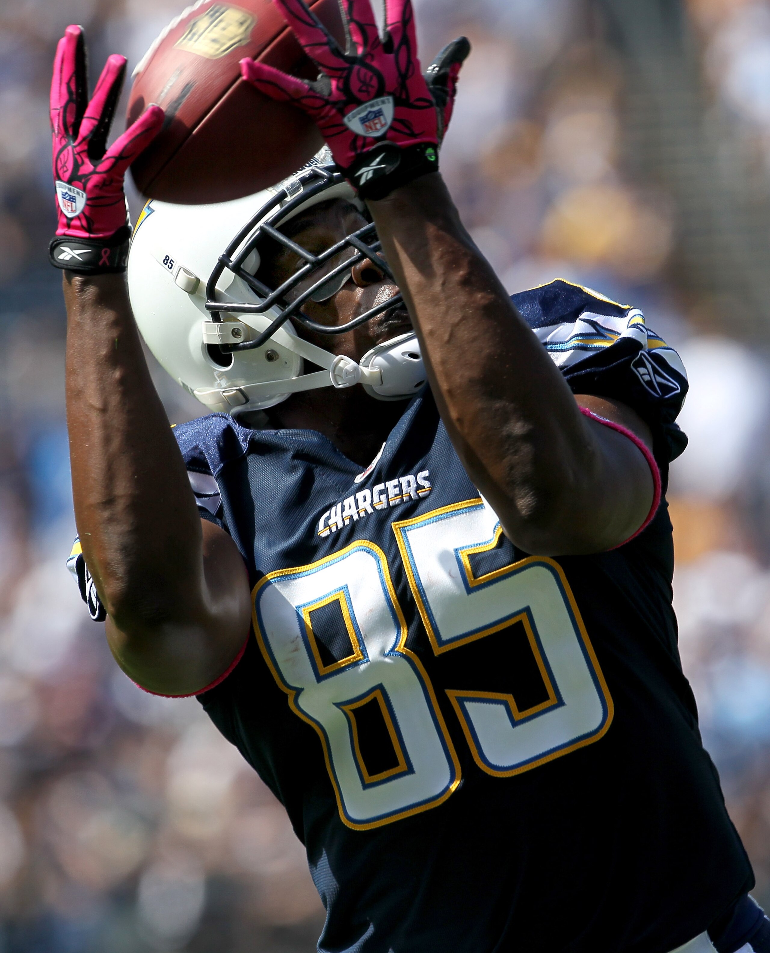 SAN DIEGO - OCTOBER 03:  Tight end Antonio Gates #85 of the San Diego Chargers catches a 33 yard touchdown pass in the first quarter against the Arizona Cardinals at Qualcomm Stadium on October 3, 2010 in San Diego, California.  (Photo by Stephen Dunn/Get