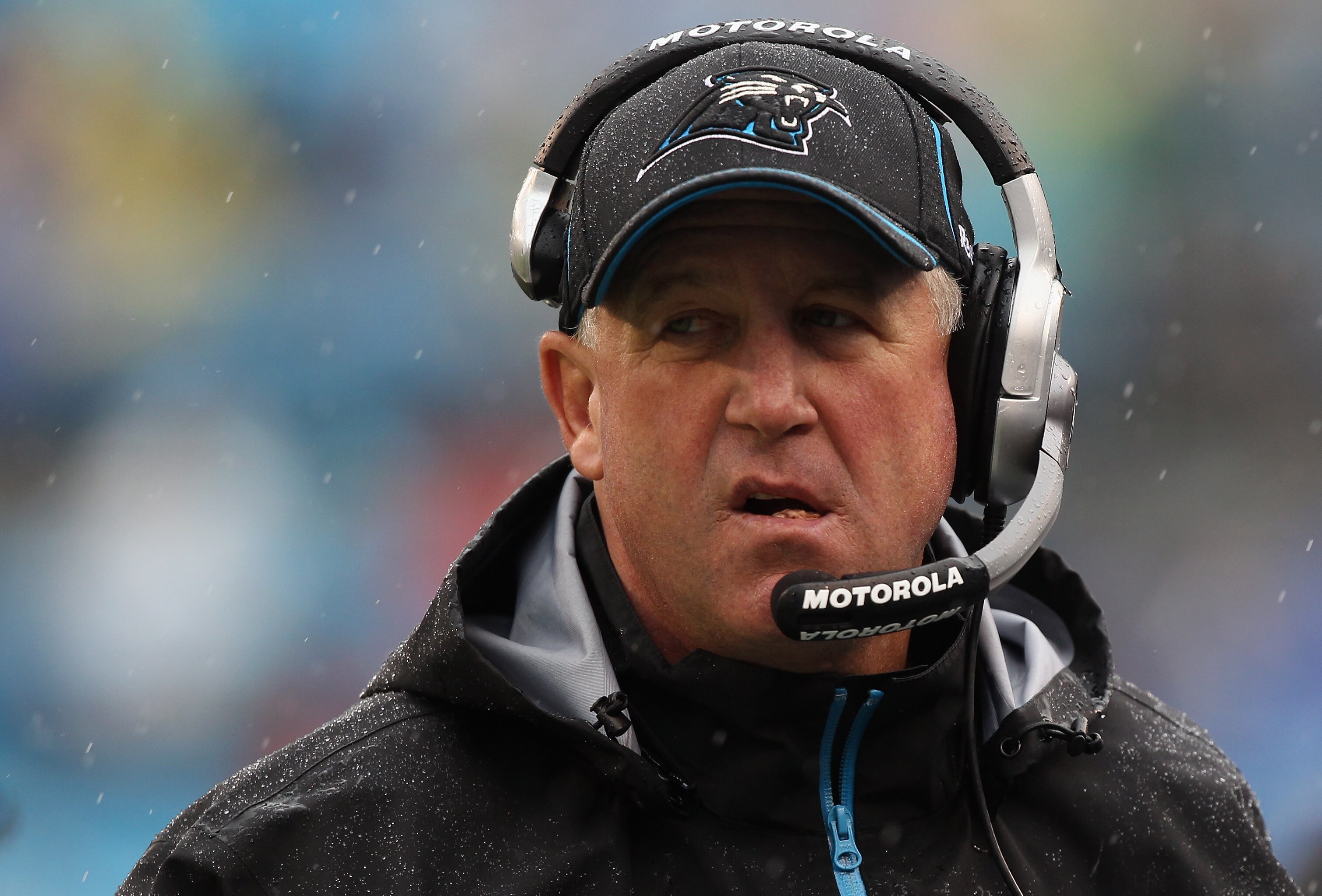 CHARLOTTE, NC - SEPTEMBER 26:  Head coach John Fox of the Carolina Panthers watches on in the rain against the Cincinnati Bengals during their game at Bank of America Stadium on September 26, 2010 in Charlotte, North Carolina.  (Photo by Streeter Lecka/Ge