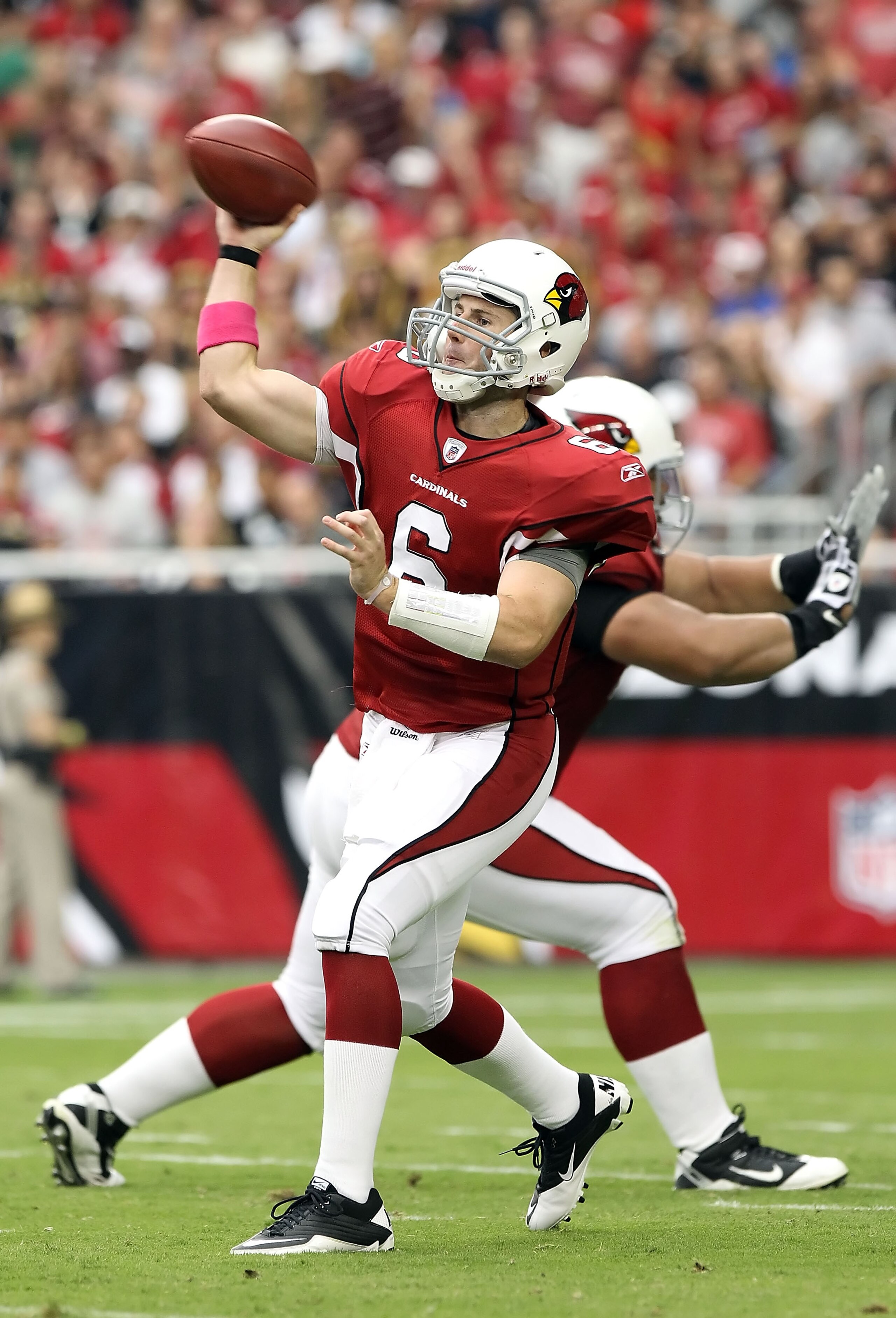 GLENDALE, AZ - OCTOBER 10: Quarterback Max Hall #6 of the Arizona Cardinals throws a pass during the NFL game against the New Orleans Saints at the University of Phoenix Stadium on October 10, 2010 in Glendale, Arizona. (Photo by Christian Petersen/Gett GLENDALE, AZ - OCTOBER 10: Quarterback Max Hall #6 of the Arizona Cardinals throws a pass during the NFL game against the New Orleans Saints at the University of Phoenix Stadium on October 10, 2010 in Glendale, Arizona. (Photo by Christian Petersen/Gett