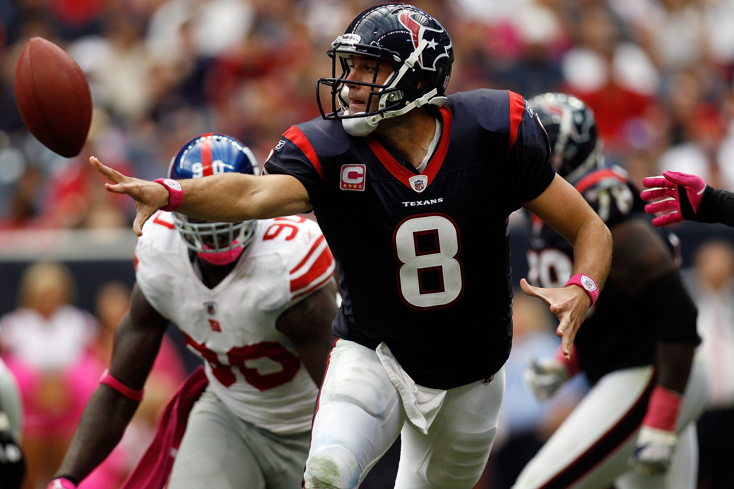 HOUSTON - OCTOBER 10: Matt Schaub #8 of the Houston Texans pitches the ball during the game against the New York Giants at Reliant Stadium on October 10, 2010 in Houston, Texas. The Giants defeated the Texans 34-10. (Photo by Chris Graythen/Getty Image HOUSTON - OCTOBER 10: Matt Schaub #8 of the Houston Texans pitches the ball during the game against the New York Giants at Reliant Stadium on October 10, 2010 in Houston, Texas. The Giants defeated the Texans 34-10. (Photo by Chris Graythen/Getty Image