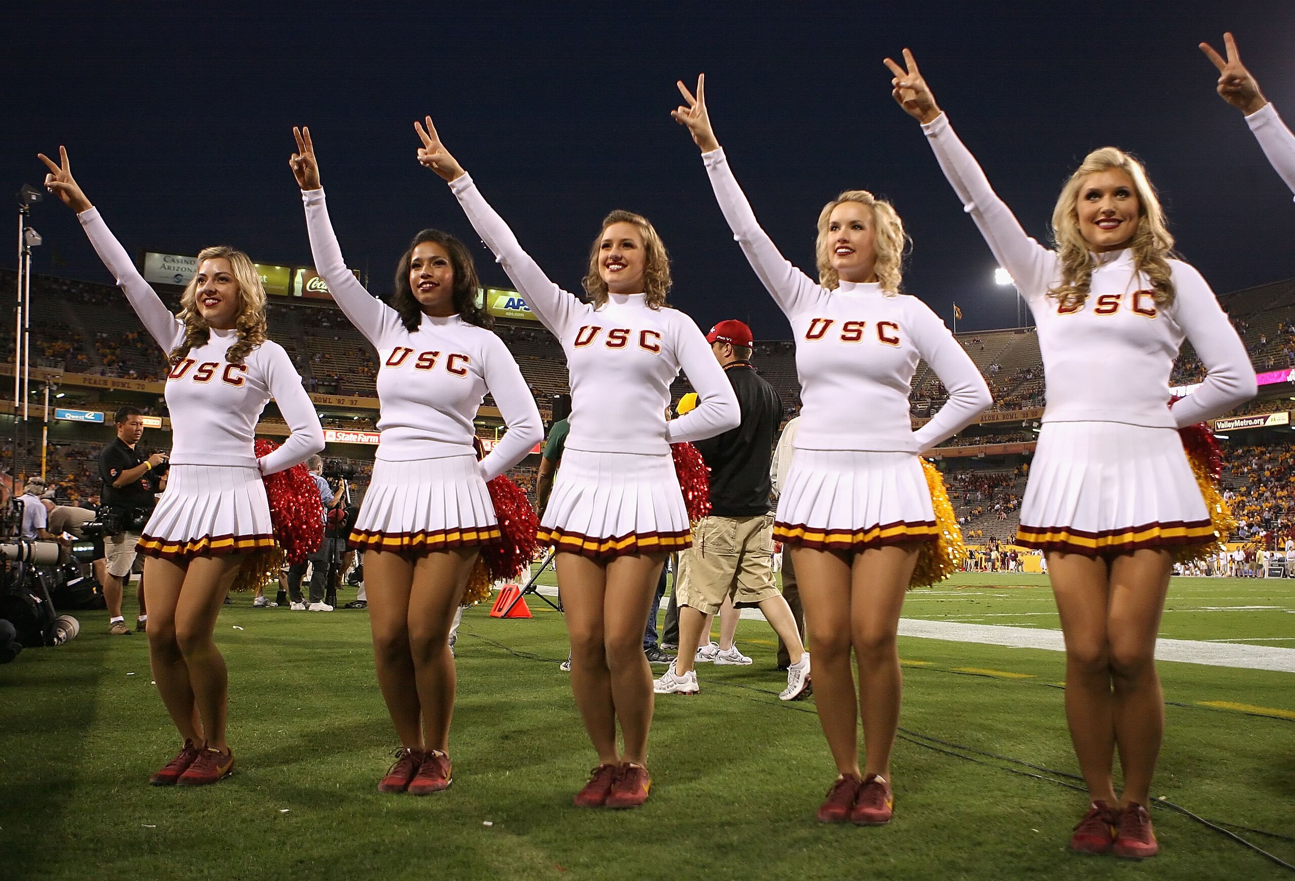 TEMPE, AZ - NOVEMBER 07:  The USC Trojans 'song girls' perform before the college football game against the Arizona State Sun Devils at Sun Devil Stadium on November 7, 2009 in Tempe, Arizona. The Trojans defeated the Devils 14-9.  (Photo by Christian Pet