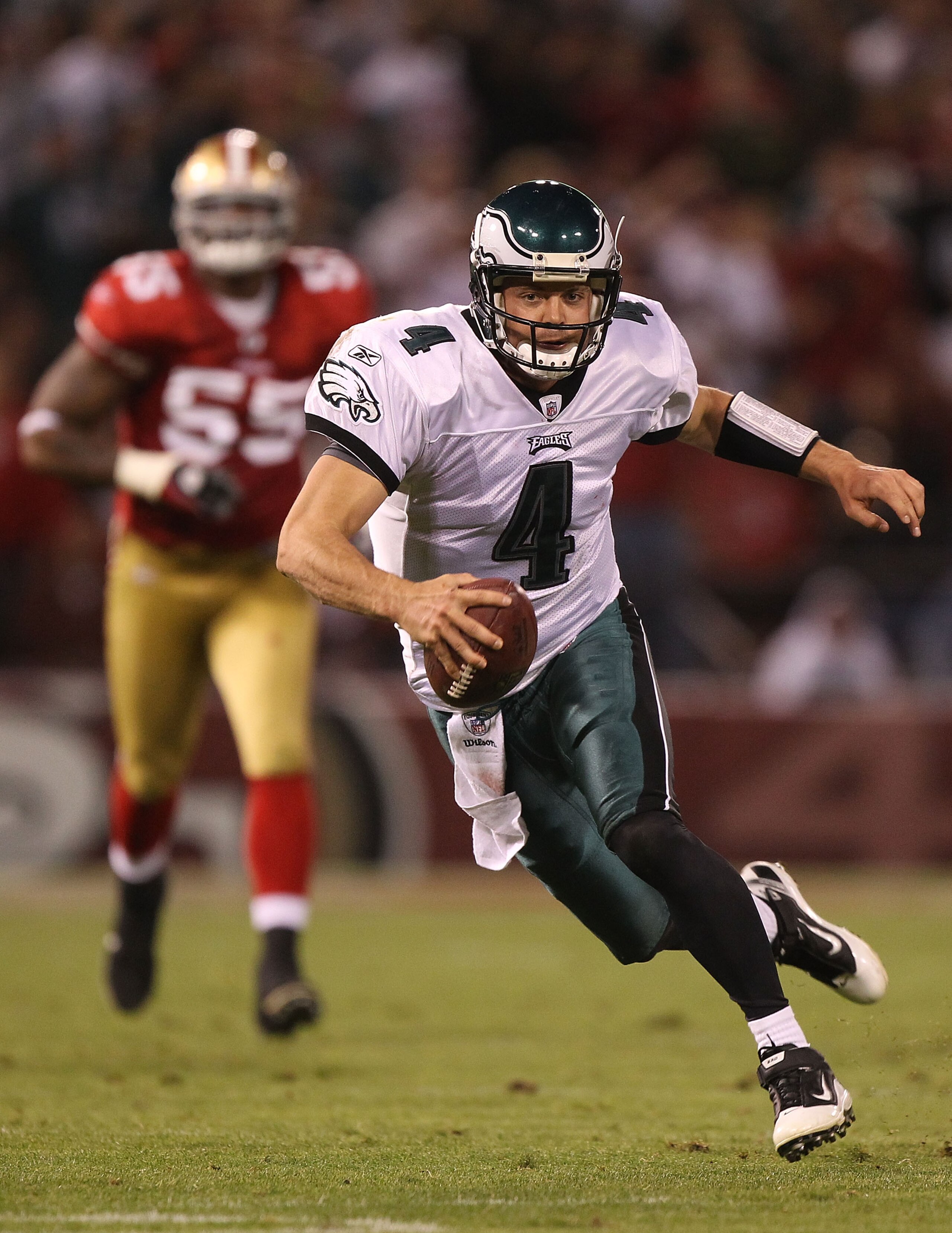 SAN FRANCISCO - OCTOBER 10: Kevin Kolb #4 of the Philadelphia Eagles runs against the San Francisco 49ers during an NFL game at Candlestick Park on October 10, 2010 in San Francisco, California. (Photo by Jed Jacobsohn/Getty Images) SAN FRANCISCO - OCTOBER 10: Kevin Kolb #4 of the Philadelphia Eagles runs against the San Francisco 49ers during an NFL game at Candlestick Park on October 10, 2010 in San Francisco, California. (Photo by Jed Jacobsohn/Getty Images)