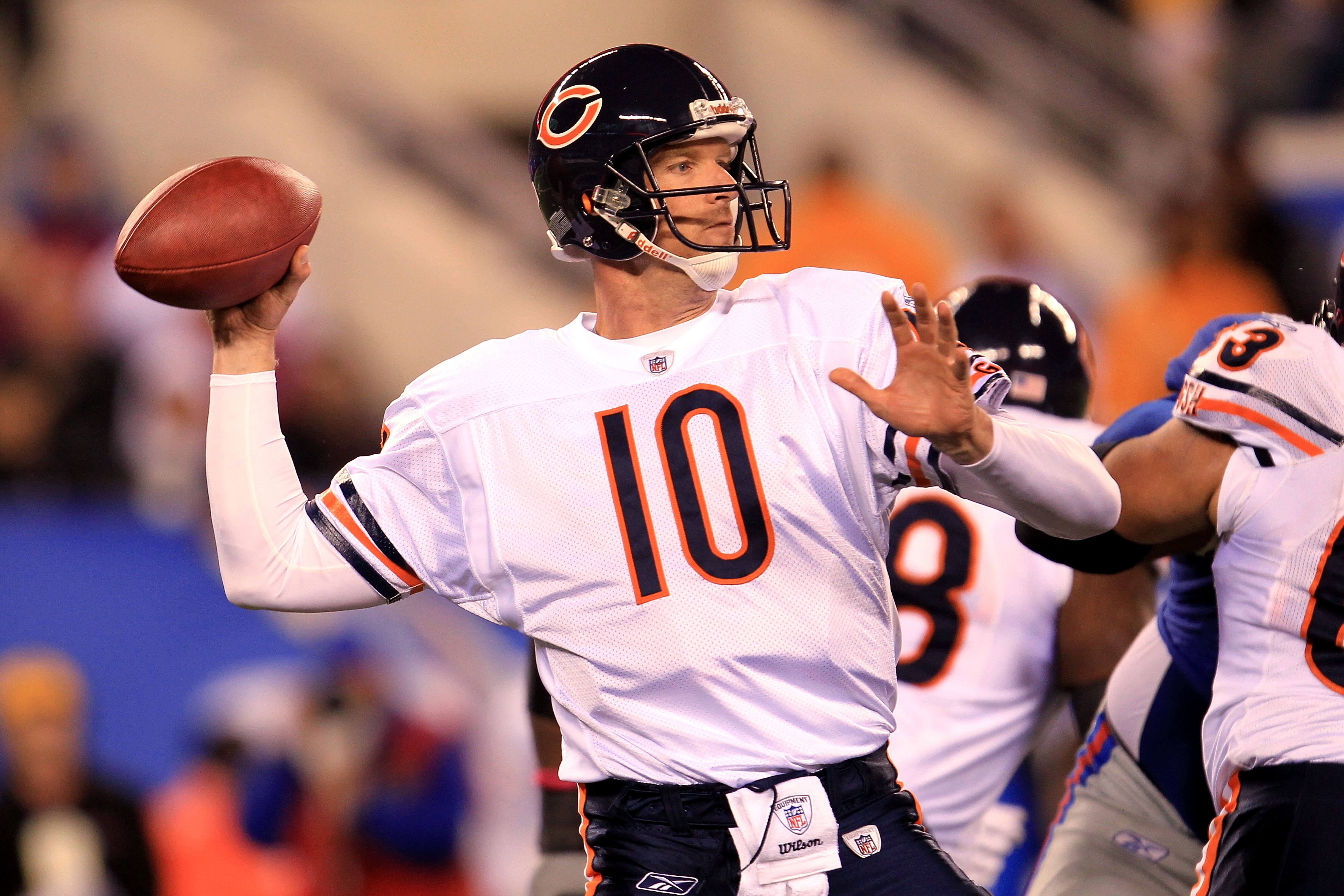 EAST RUTHERFORD, NJ - OCTOBER 03:  Todd Collins #10 of the Chicago Bears drops back to pass against the New York Giants at New Meadowlands Stadium on October 3, 2010 in East Rutherford, New Jersey.  (Photo by Chris McGrath/Getty Images)