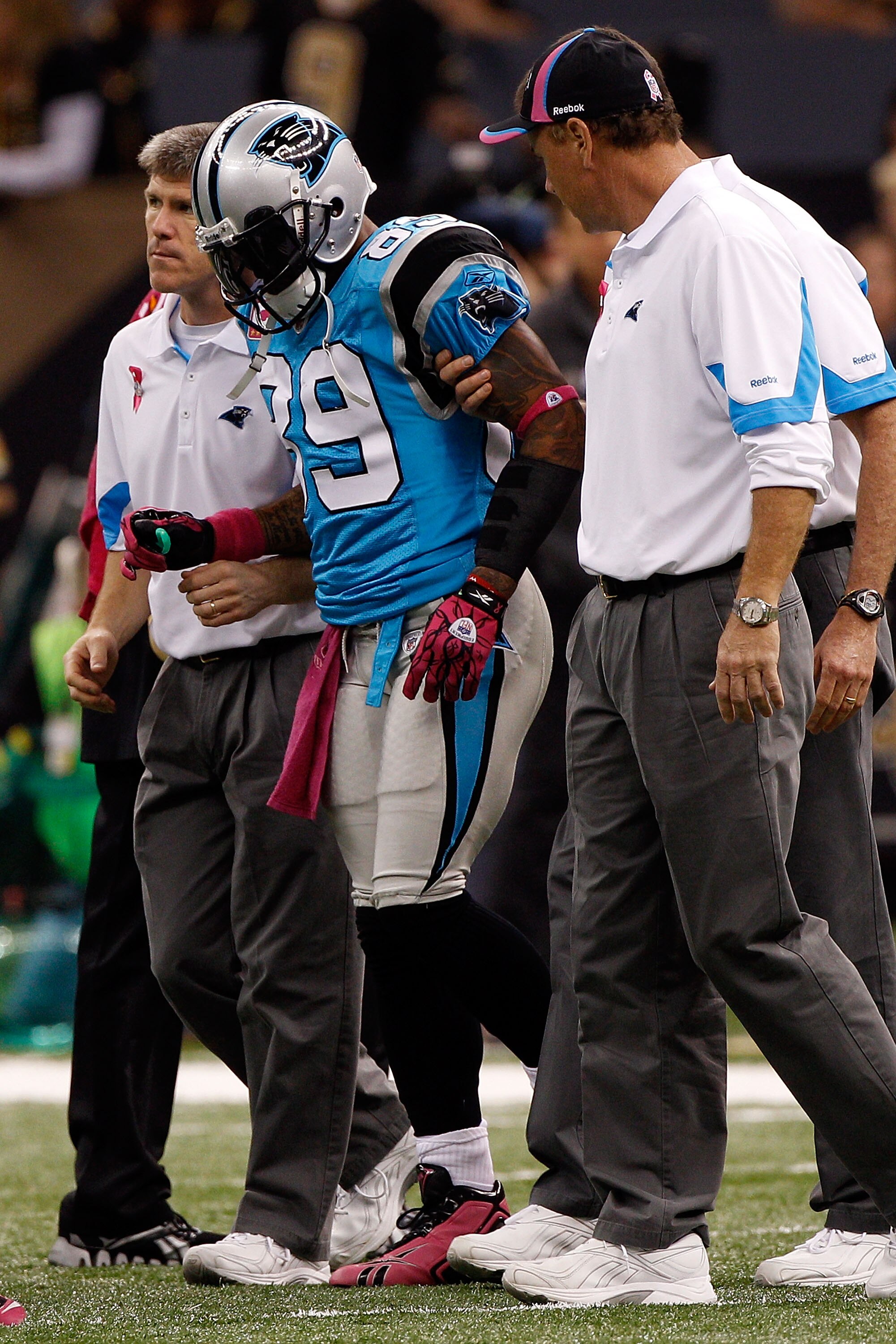 NEW ORLEANS - OCTOBER 03:  Steve Smith #89 of the Carolina Panthers is helped off the field during the game against the New Orleans Sainst at the Louisiana Superdome on October 3, 2010 in New Orleans, Louisiana.  of the Carolina Panthers   (Photo by Chris