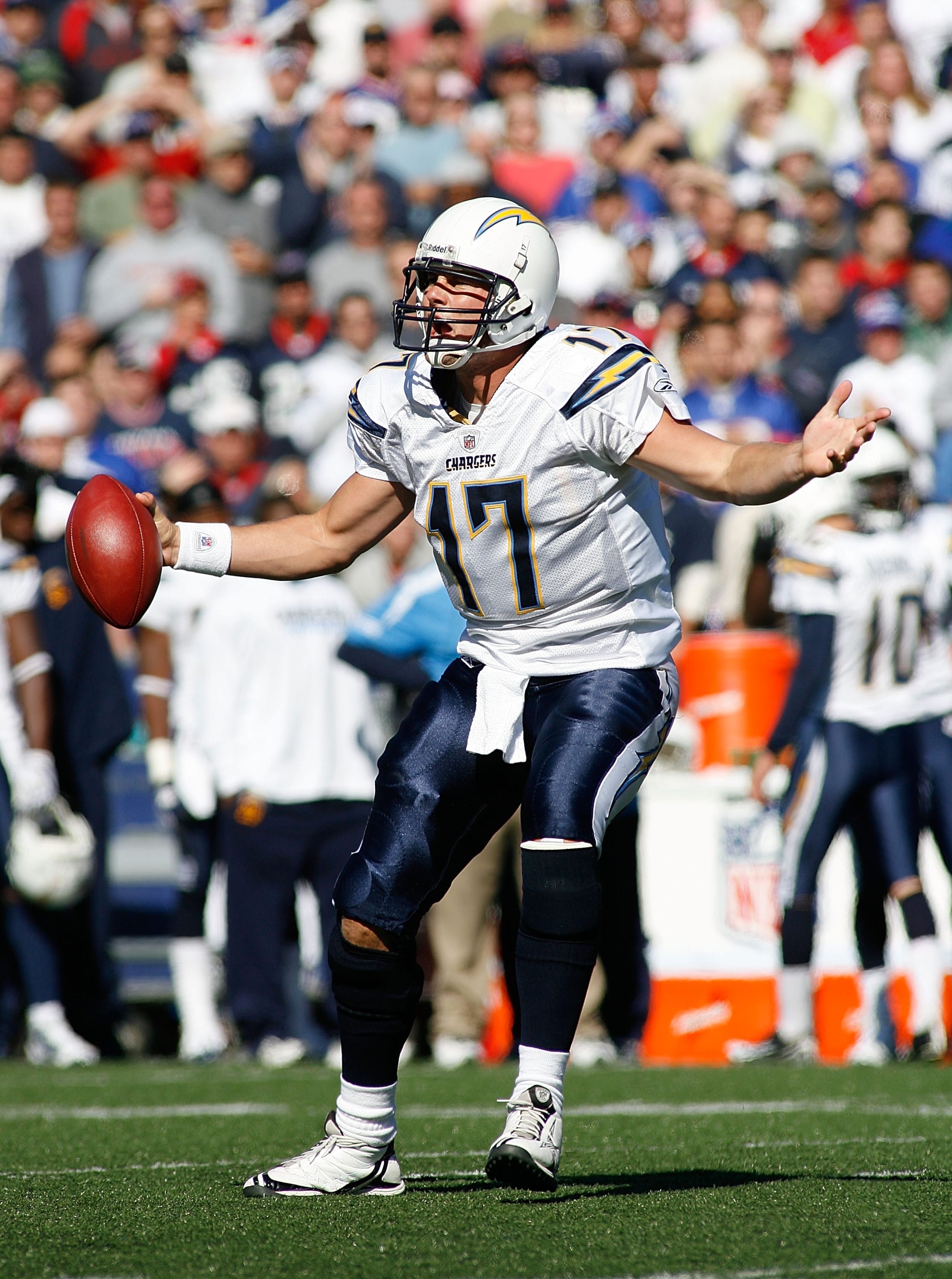 ORCHARD PARK, NY - OCTOBER 19:  Philip Rivers #17 of the San Diego Chargers complains to officials after being called for delay of the game during a power outage against the Buffalo Bills  on October 19, 2008 at Ralph Wilson Stadium in Orchard Park, New Y