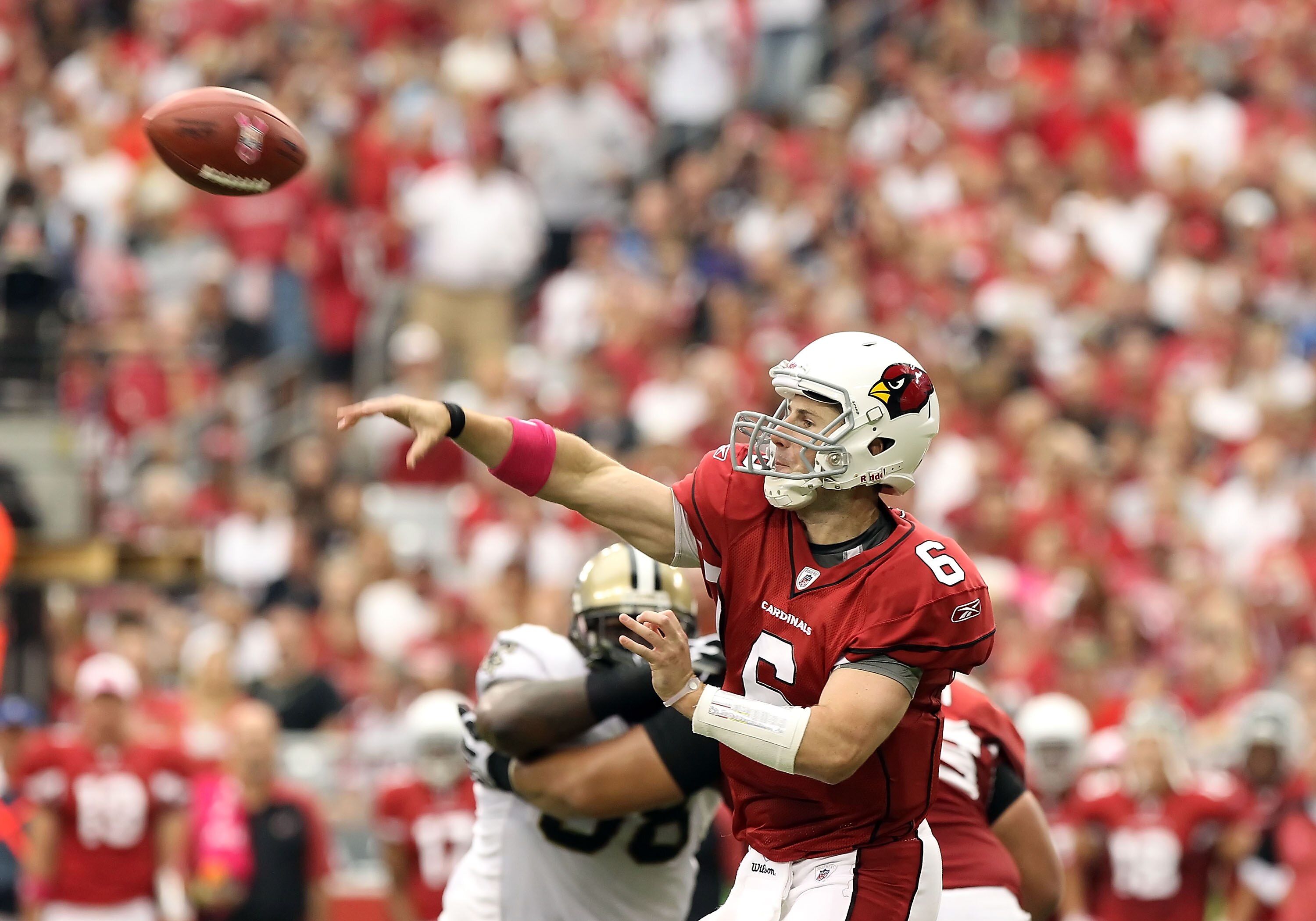 GLENDALE, AZ - OCTOBER 10:  Quarterback Max Hall #6 of the Arizona Cardinals throws a pass during the NFL game against the New Orleans Saints at the University of Phoenix Stadium on October 10, 2010 in Glendale, Arizona.  (Photo by Christian Petersen/Gett
