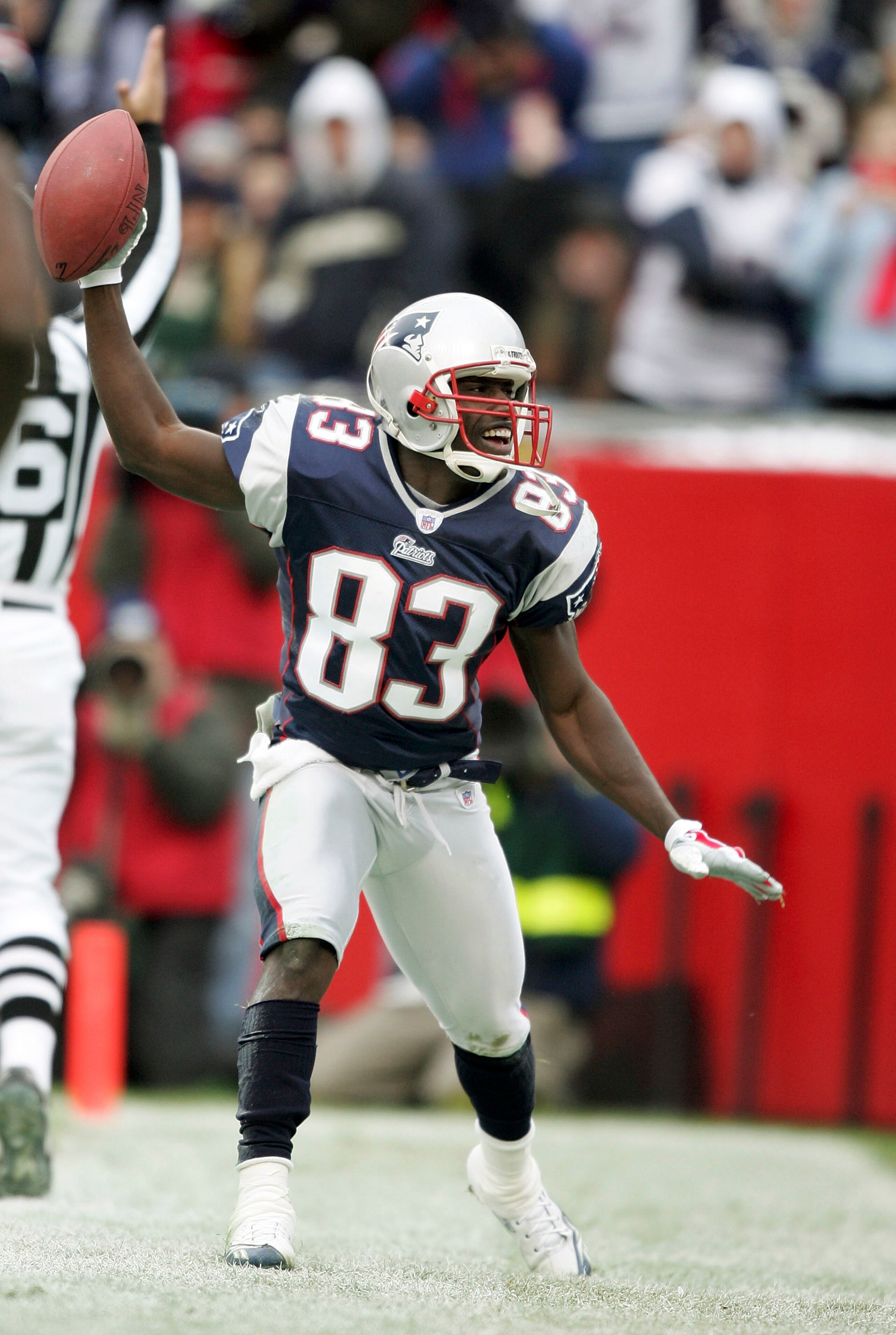 FOXBOROUGH, MA - JANUARY 1:  Deion Branch #83 of the New England Patriots celebrates a touchdown catch against the Miami Dolphins during the first quarter at Gillette Stadium January 1, 2006 in Foxborough, Massachusetts.  (Photo by Al Bello/Getty Images)