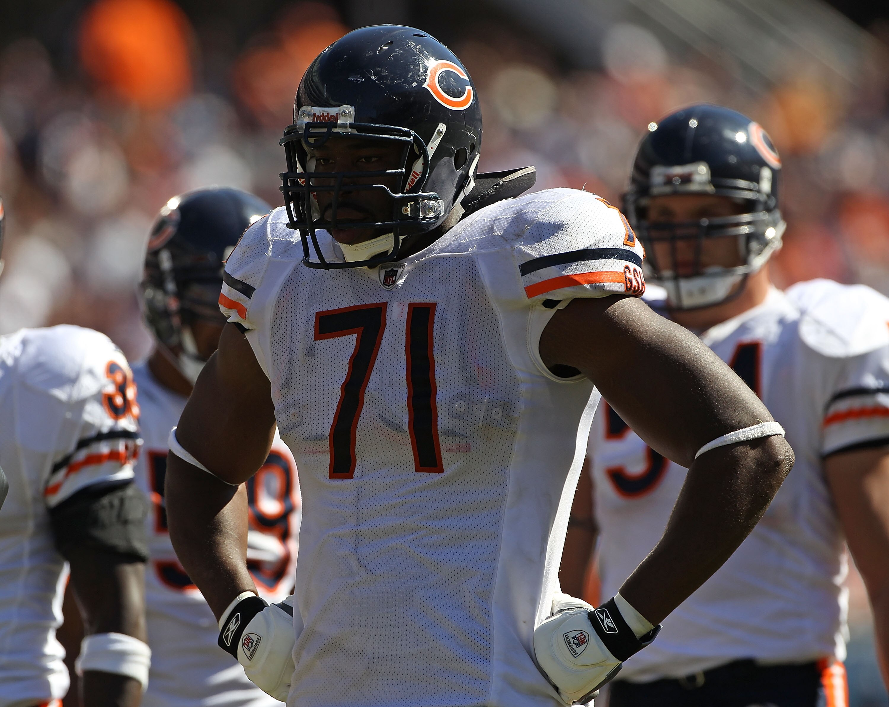 CHICAGO - SEPTEMBER 12: Israel Idonije #71 of the Chicago Bears awaits the start of play against the Detroit Lions during the NFL season opening game at Soldier Field on September 12, 2010 in Chicago, Illinois. The Bears defeated the Lions 19-14. (Photo b