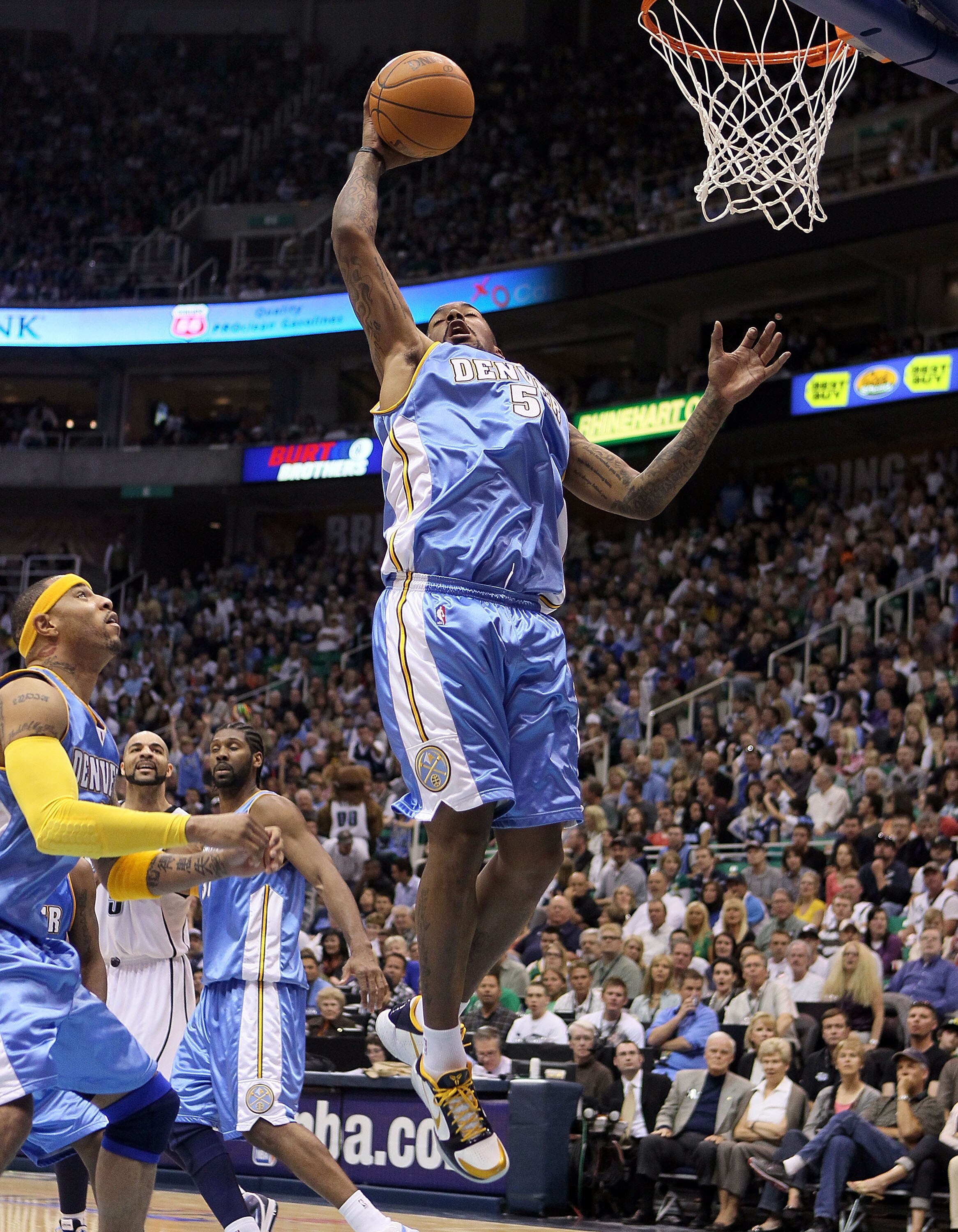 SALT LAKE CITY - APRIL 25:  J.R. Smith #5 of the Denver Nuggets grabs a rebound against the Utah Jazz during  Game Four of the Western Conference Quarterfinals of the 2010 NBA Playoffs at EnergySolutions Arena on April 25, 2010 in Salt Lake City, Utah. NO