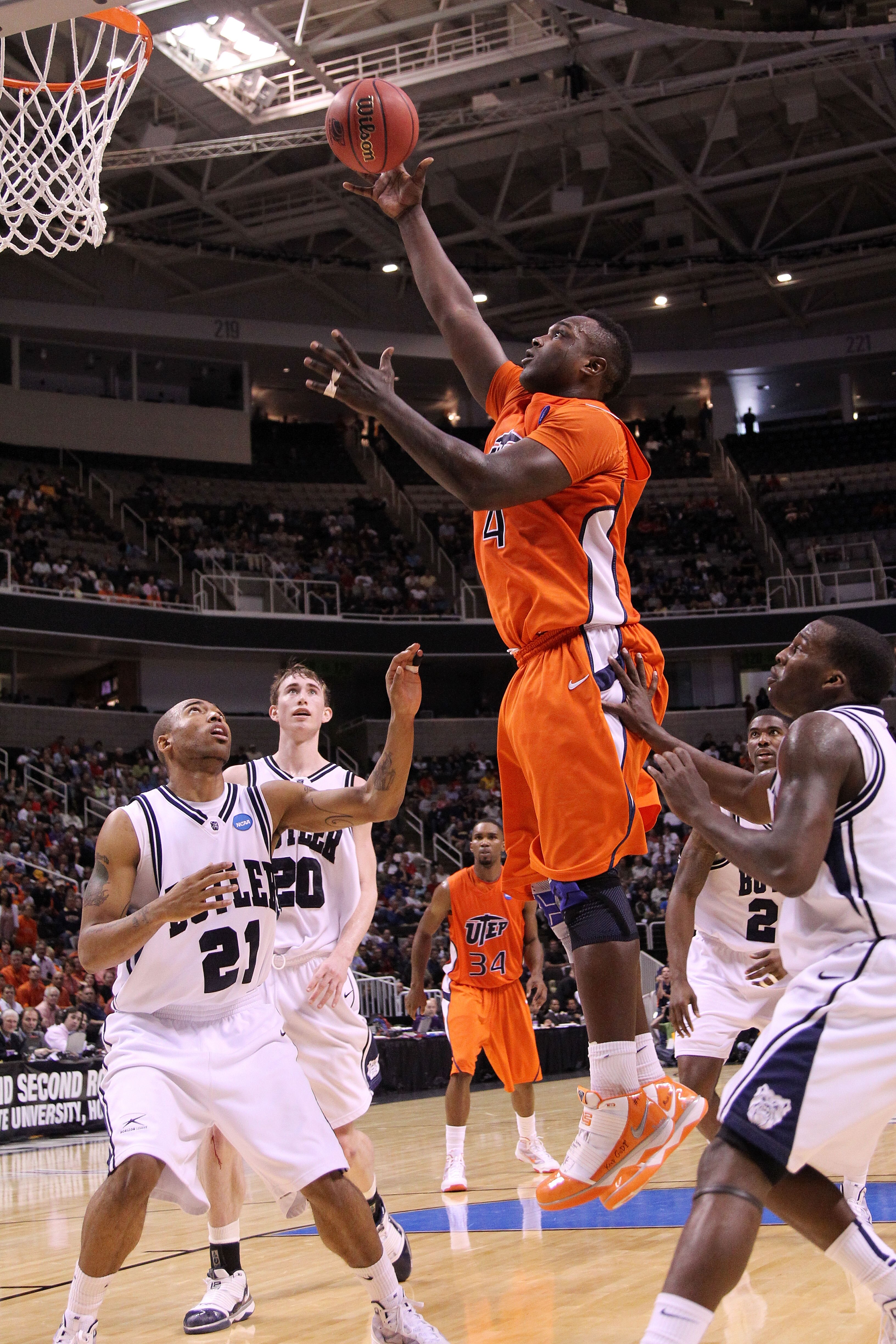 SAN JOSE, CA - MARCH 18:  Forward Derrick Caracter #4 of the UTEP Miners takes a shot against the Butler Bulldogs during the first round of the 2010 NCAA men's basketball tournament at HP Pavilion on March 18, 2010 in San Jose, California.  (Photo by Jed
