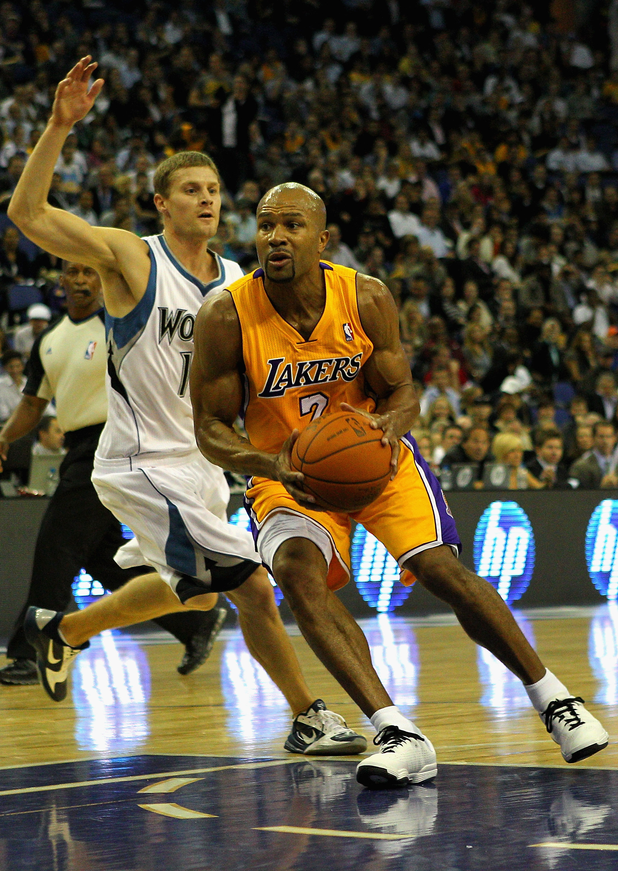 LONDON, ENGLAND - OCTOBER 04:  Derek Fisher of the Los Angeles Lakers in action during the NBA Europe Live match between the Los Angeles Lakers and the Minnesota Timberwolves at the O2 arena on October 4, 2010 in London, England.  (Photo by Clive Rose/Get