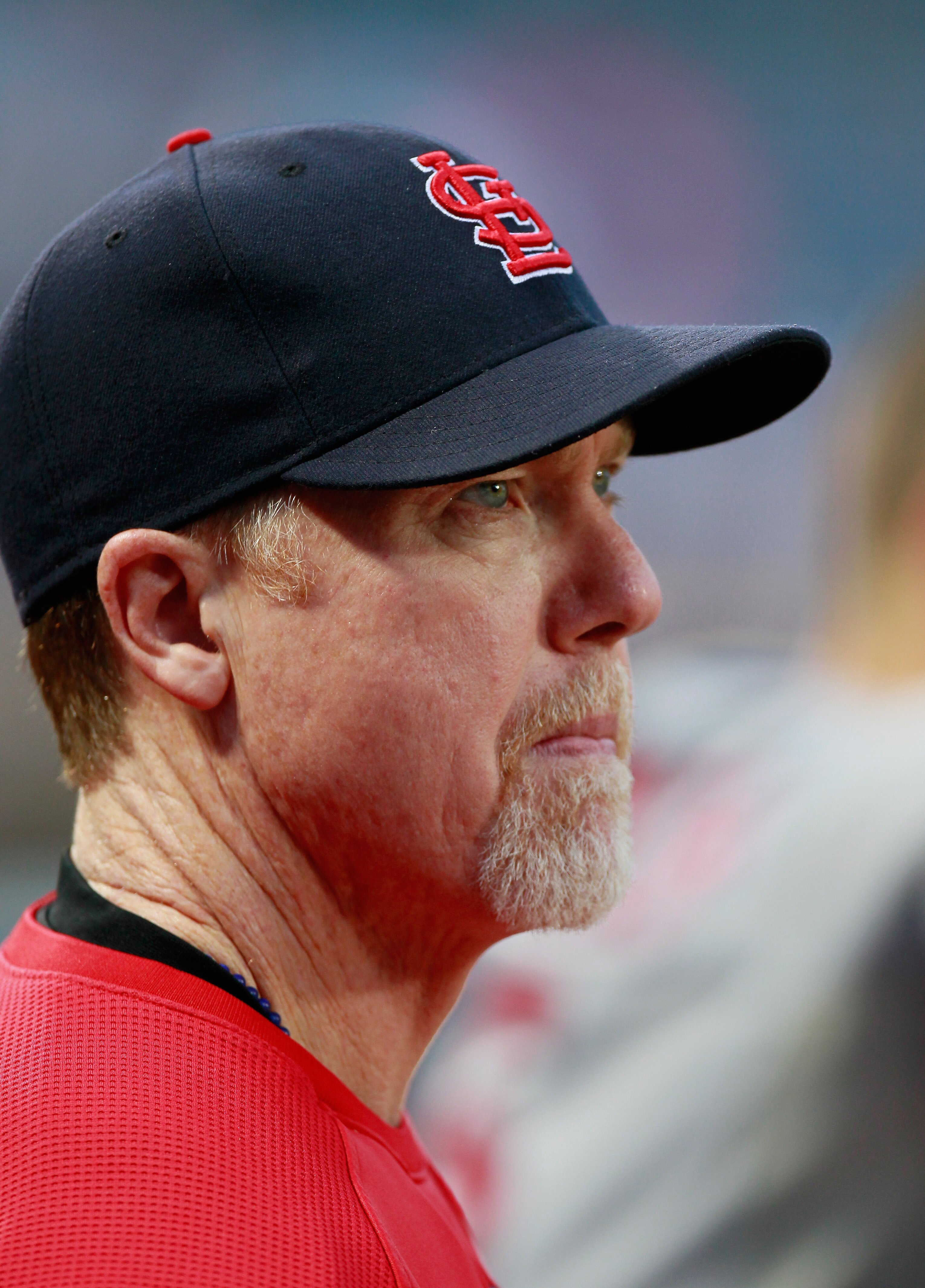 ATLANTA - SEPTEMBER 09:  Coach Mark McGwire #25 of the St. Louis Cardinals against the Atlanta Braves at Turner Field on September 9, 2010 in Atlanta, Georgia.  (Photo by Kevin C. Cox/Getty Images)