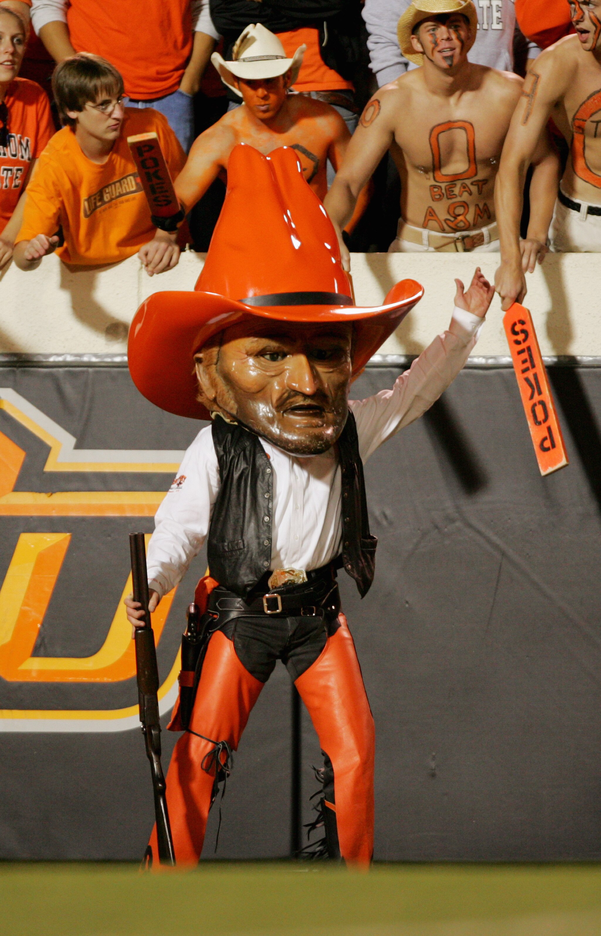 STILLWATER, OKLAHOMA - OCTOBER 16:  The Oklahoma State Cowboys mascot stands on the sideline during the game against the Texas A&M Aggies at Boone Pickens Stadium on October 16, 2004 in Stillwater, Oklahoma. Texas A&M beat Oklahoma State 36-20. (Photo by 
