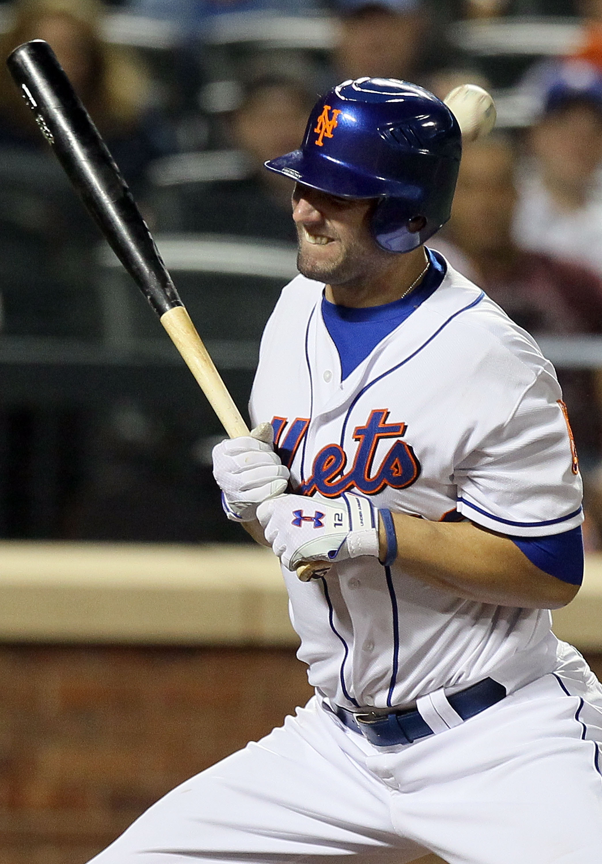 NEW YORK - AUGUST 27:  Jeff Francoeur #12 of the New York Mets is hit with a pitch in the sixth inning against the Houston Astros on August 27, 2010 at Citi Field in the Flushing neighborhood of the Queens borough of New York City.  (Photo by Jim McIsaac/