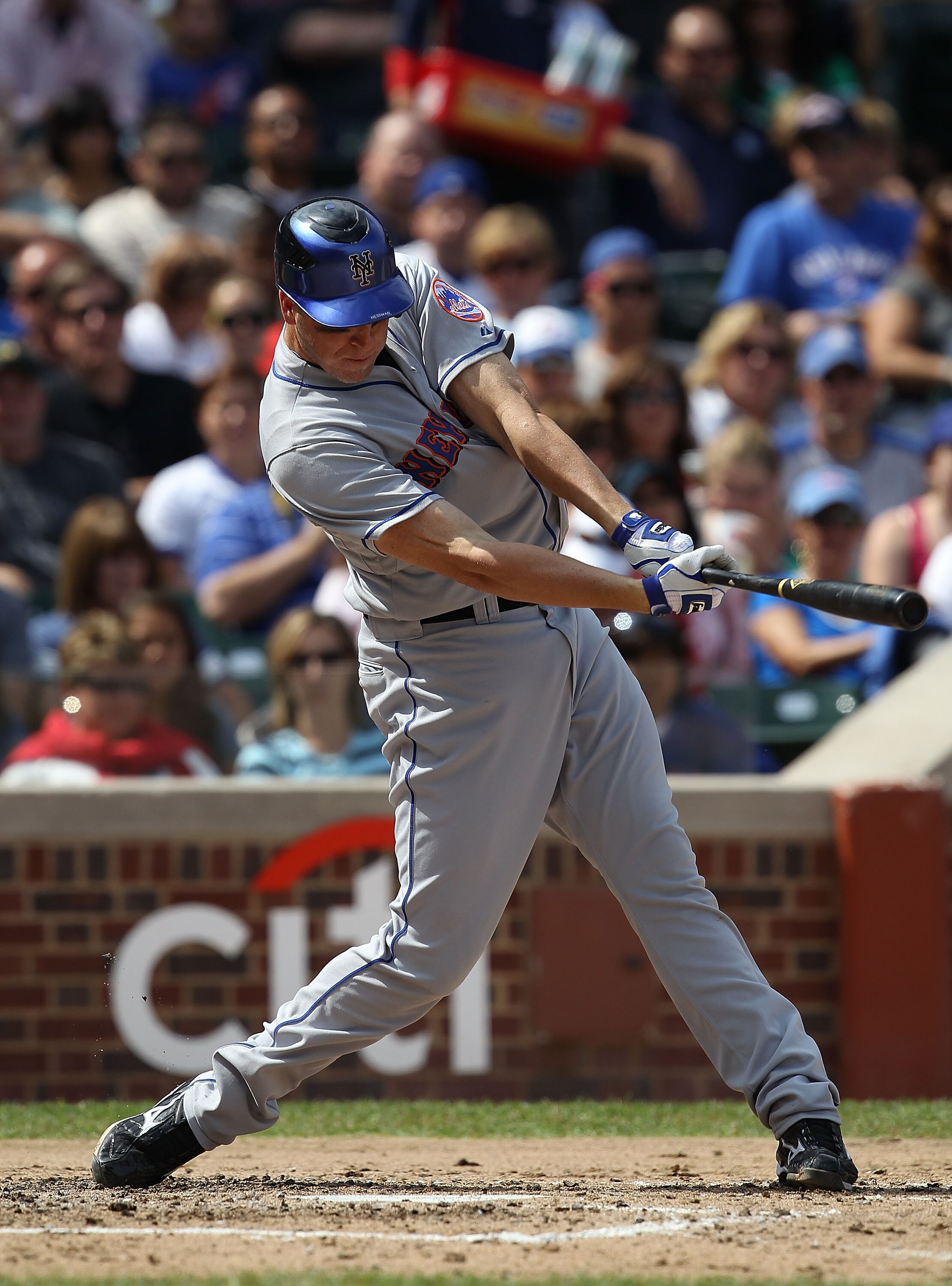 CHICAGO - SEPTEMBER 05: Mike Hessman #19 of the New York Mets takes a swing against the Chicago Cubs at Wrigley Field on September 5, 2010 in Chicago, Illinois. The Mets defeated the Cubs 18-5.  (Photo by Jonathan Daniel/Getty Images)