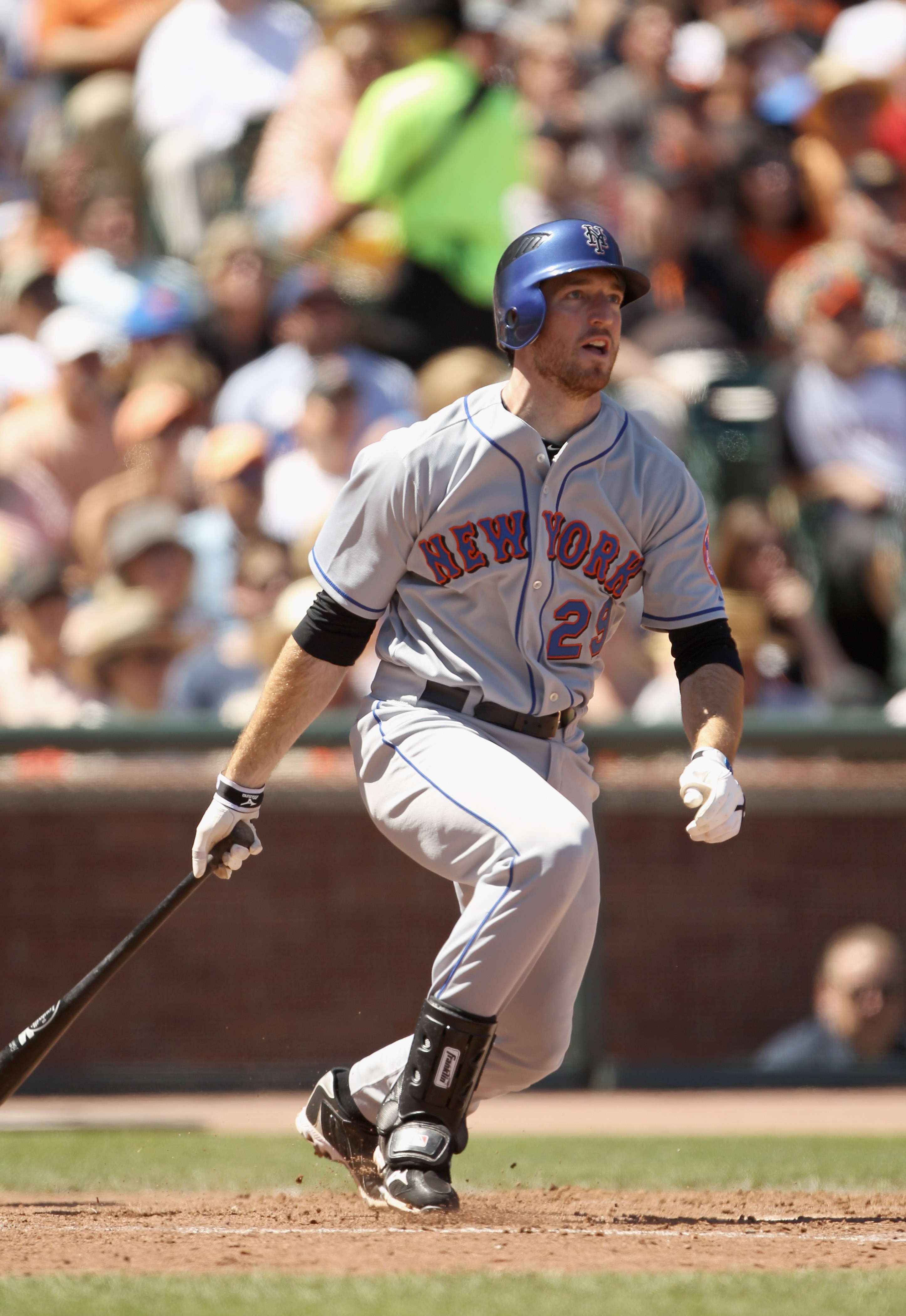 SAN FRANCISCO - JULY 18:  Ike Davis #29 of the New York Mets hits a double that scored Justin Turner to give the Mets a 3-1 lead in the eighth inning of their game against the San Francisco Giants at AT&T Park on July 18, 2010 in San Francisco, California