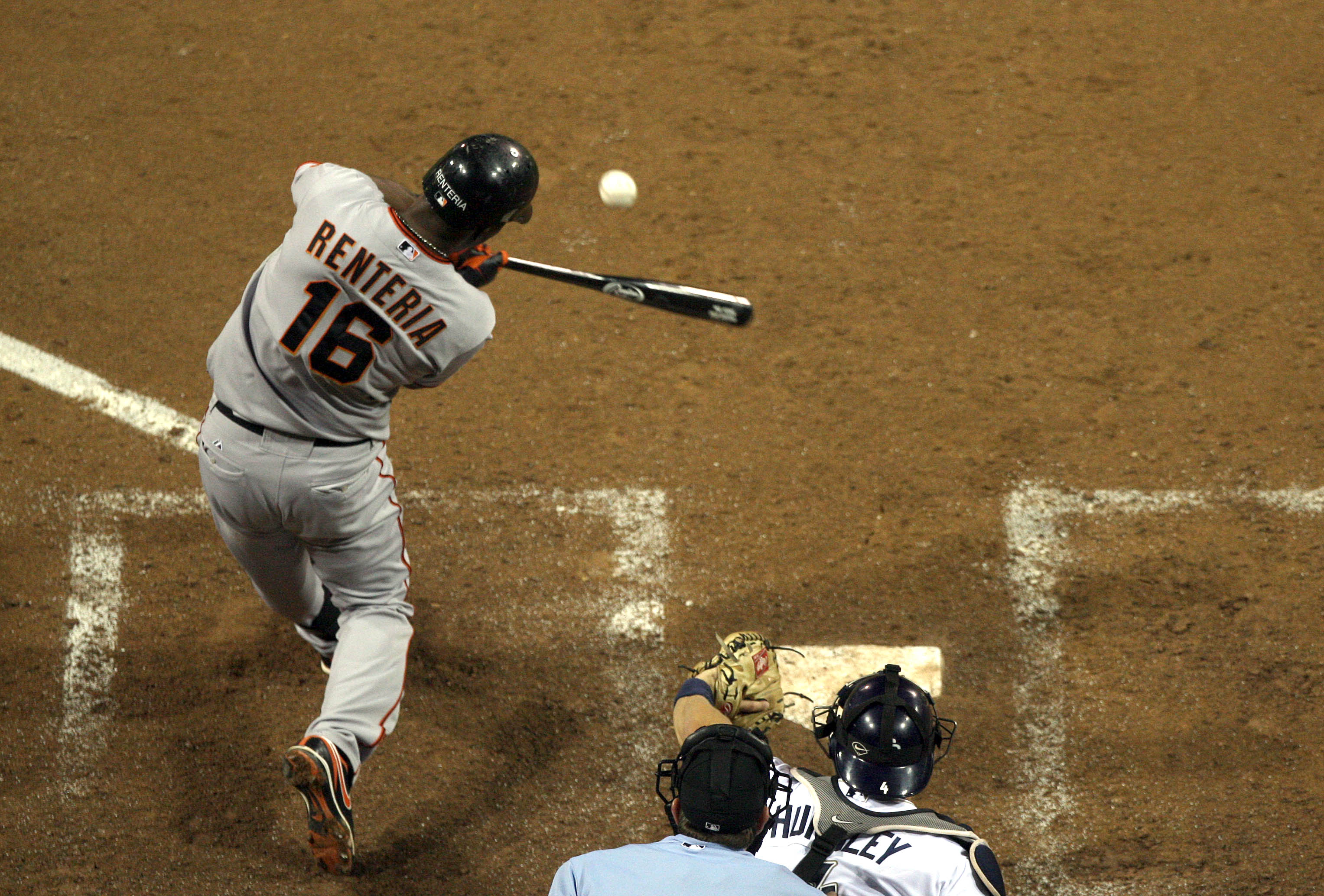 SAN DIEGO, CA - SEPTEMBER 10: Edgar Renteria #16 of the San Francisco Giants at bat against the San Diego Padres during their MLB game on September 10, 2010 at Petco Park in San Diego, California. The Giants won 1-0 and tied the race for the NL West. (Pho
